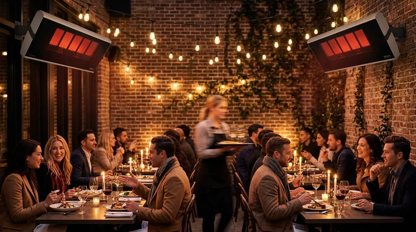 Bromic Platinum gas heaters wall mounted above restaurant patio dining tables at night