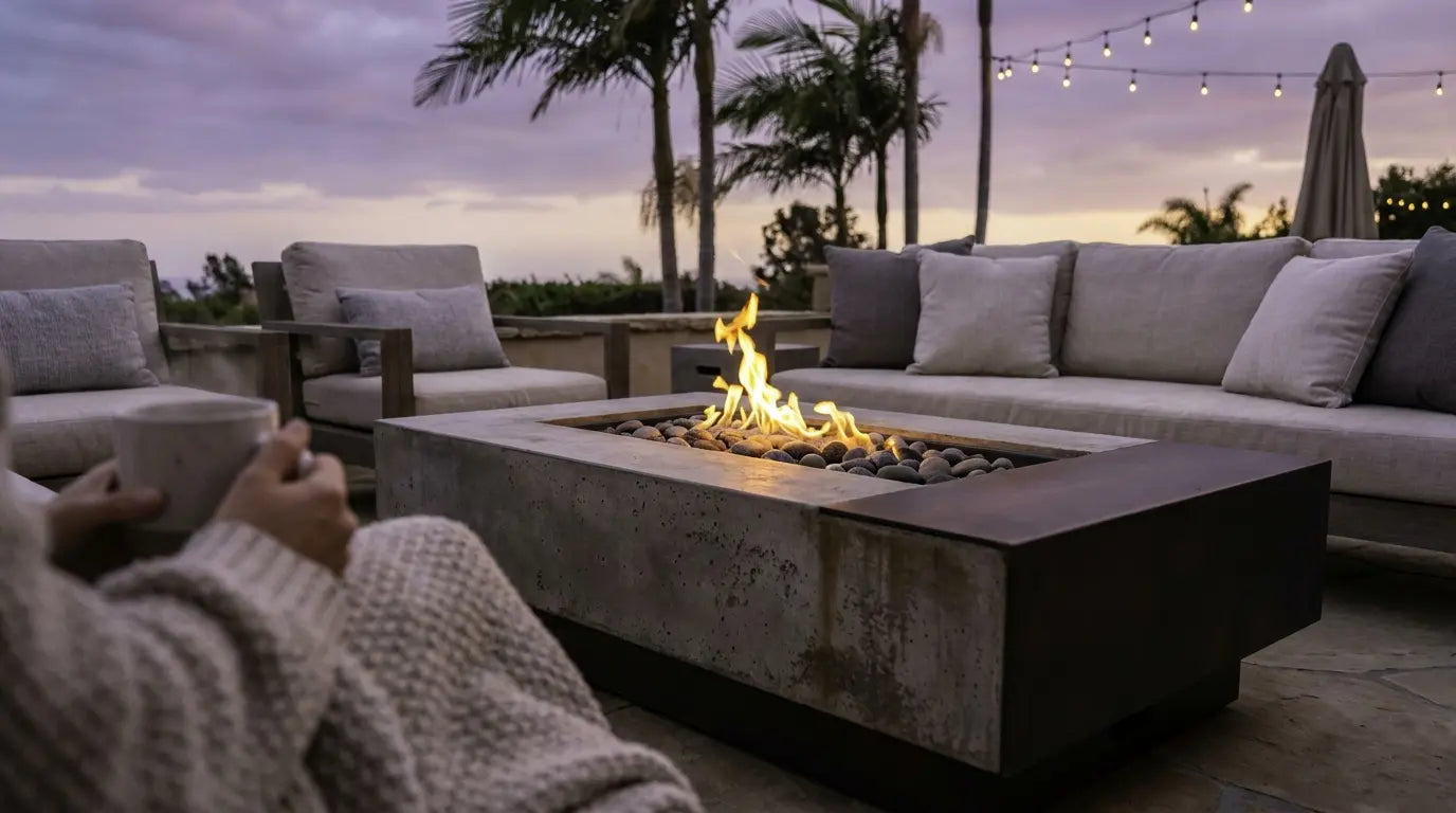 Gas fire pit table with a low struggling flame on a breezy patio at dusk