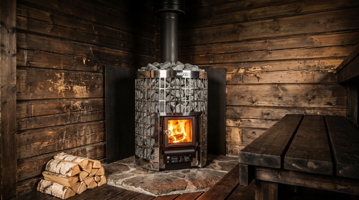 Harvia Cilindro 16 wood-burning sauna stove with fire in the firebox, beside split birch logs