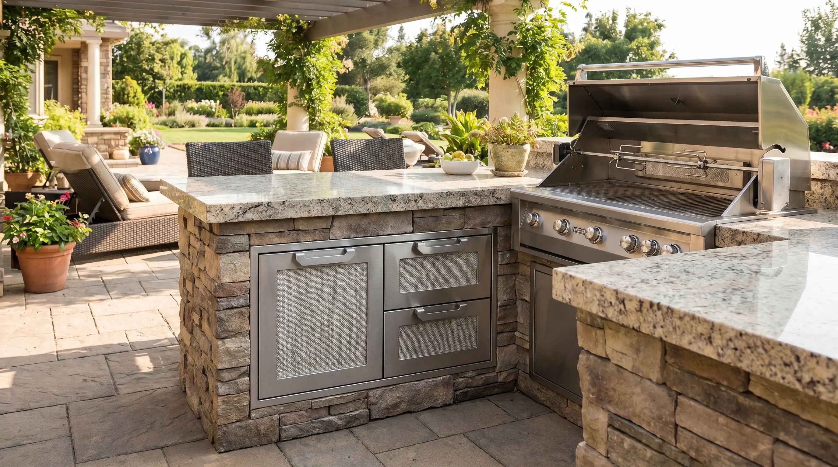 Stainless steel drawer and door combo built into an outdoor kitchen island