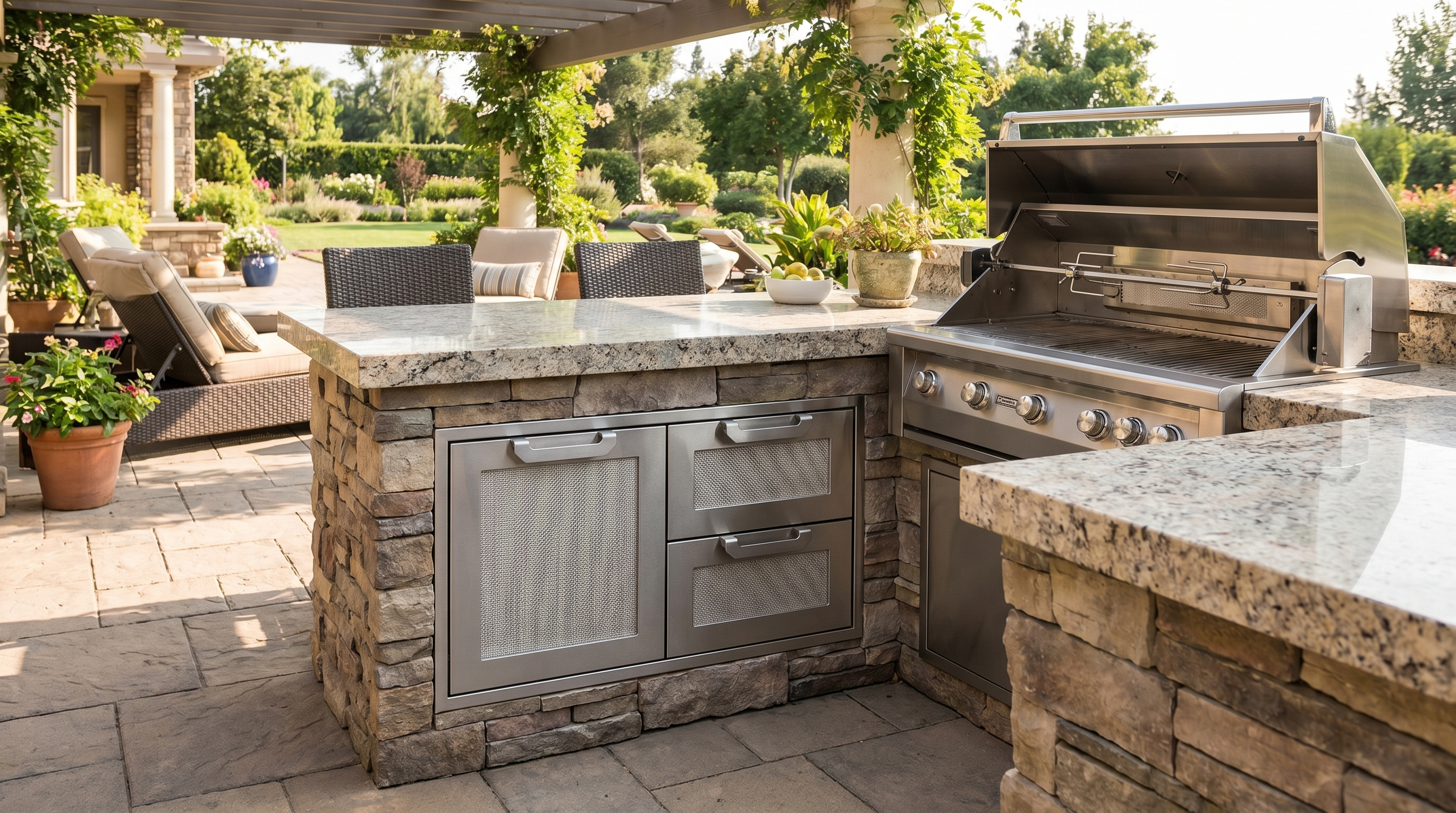 Stainless steel drawer and door combo built into an outdoor kitchen island