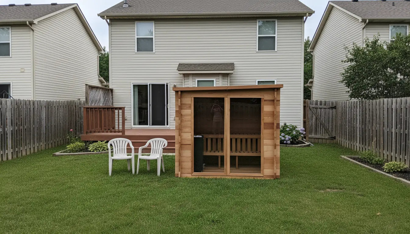 Redwood Outdoors Garden sauna installed in a suburban backyard