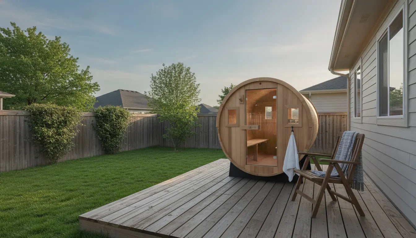 Redwood Outdoors barrel sauna on a backyard deck beside a house