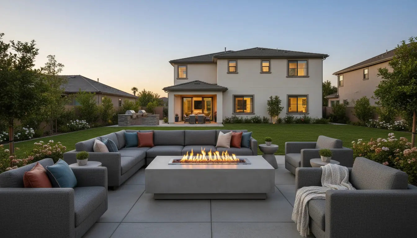 Large concrete fire pit table on a spacious backyard patio with seating