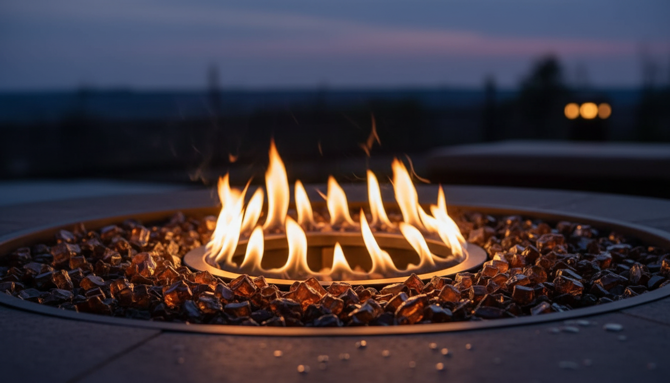 Gas fire pit burner filled with glowing copper fire glass