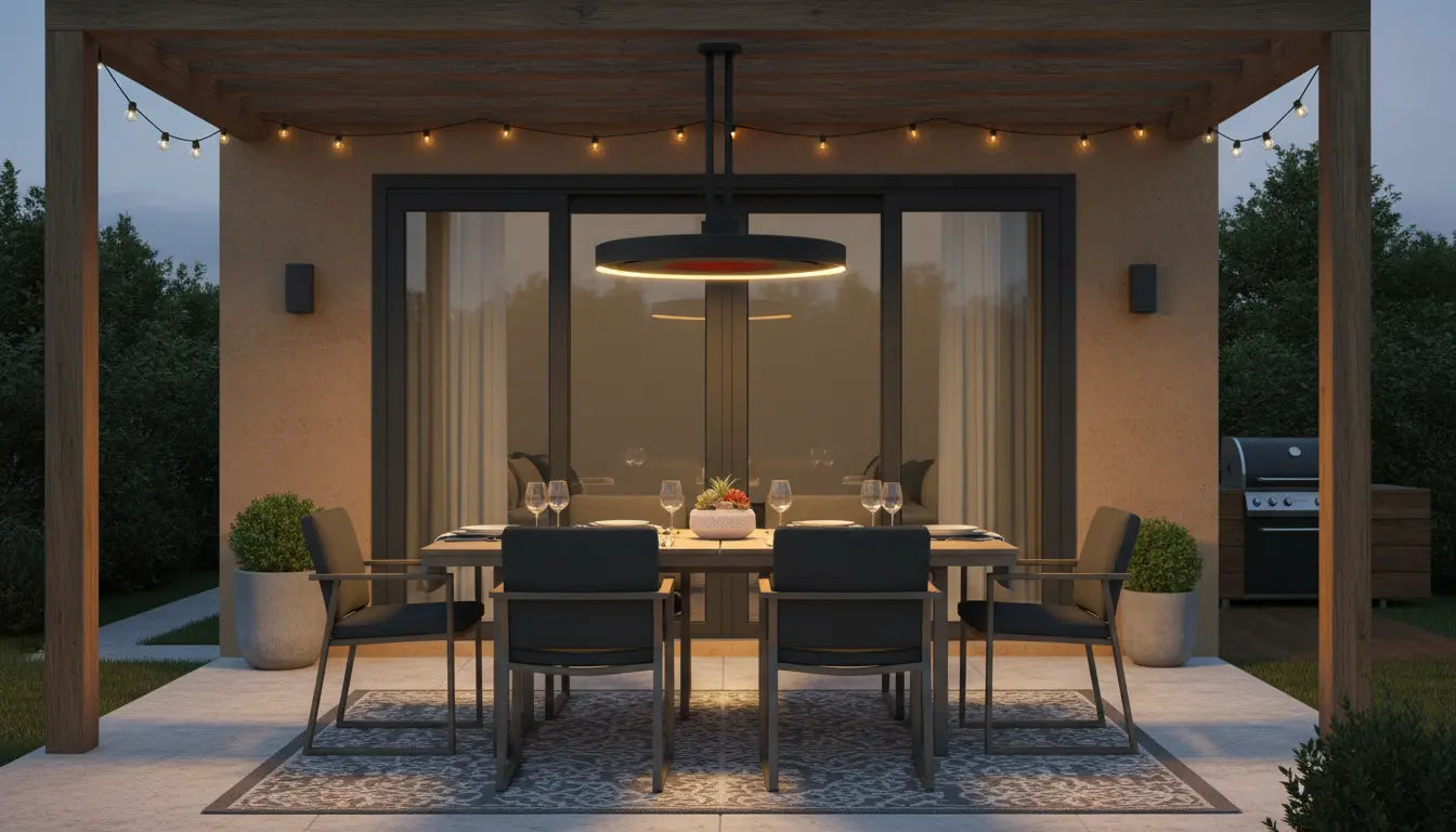 Bromic Eclipse patio heater suspended over a covered patio dining table