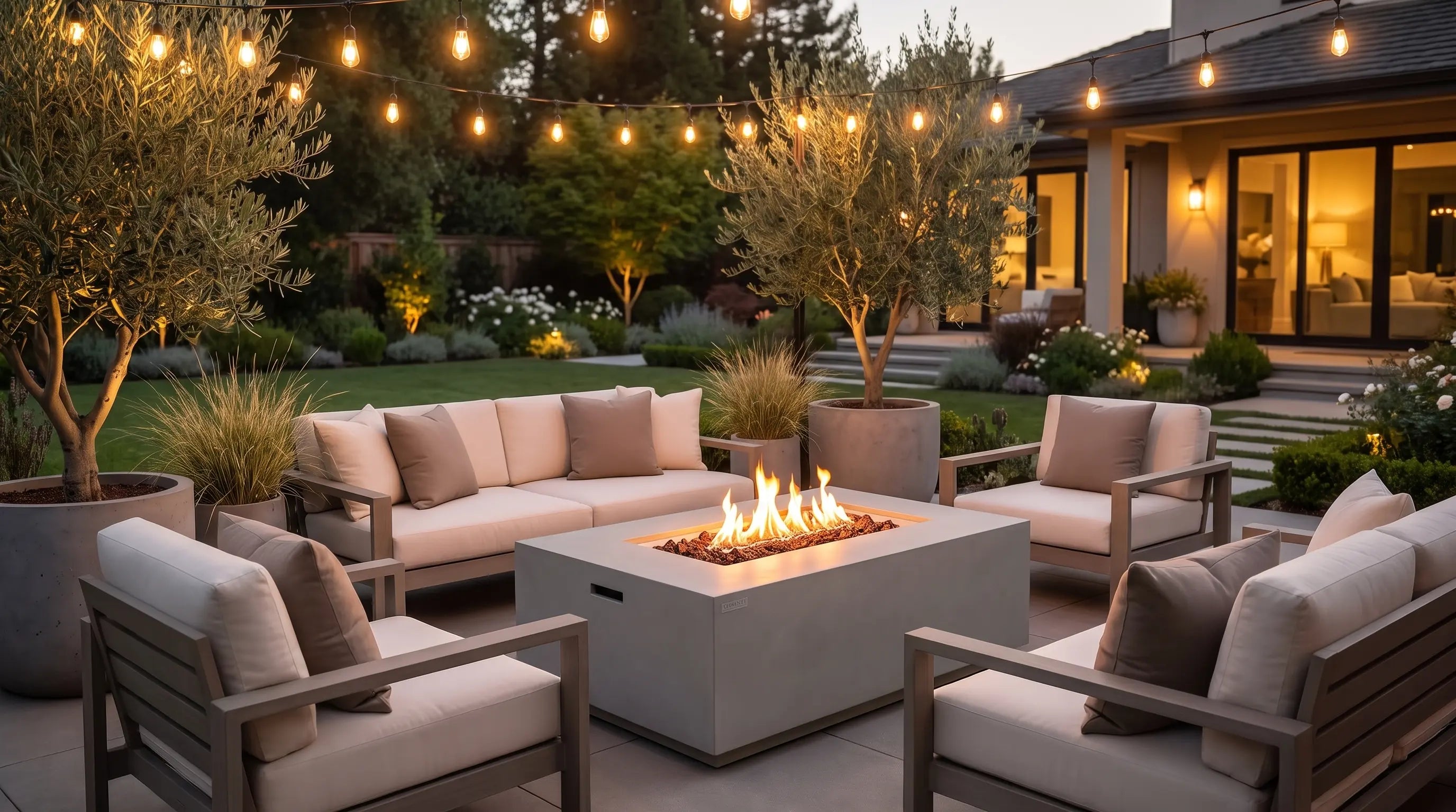 Elementi Rocky square concrete gas fire table on a backyard patio at dusk