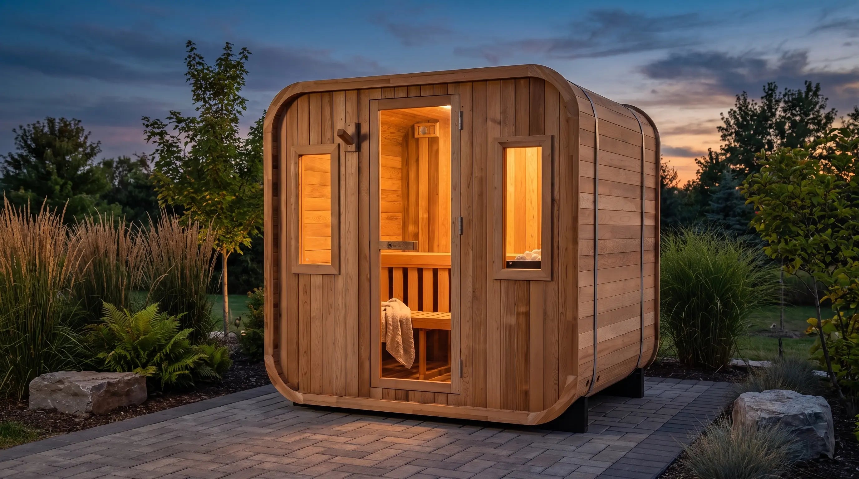 Redwood Outdoors Summit glass-front outdoor sauna on a backyard pad at dusk