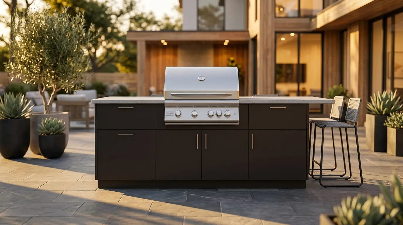 Blaze outdoor kitchen island with a stainless steel built-in grill, dark cabinetry, and a stone countertop on a backyard patio at golden hour