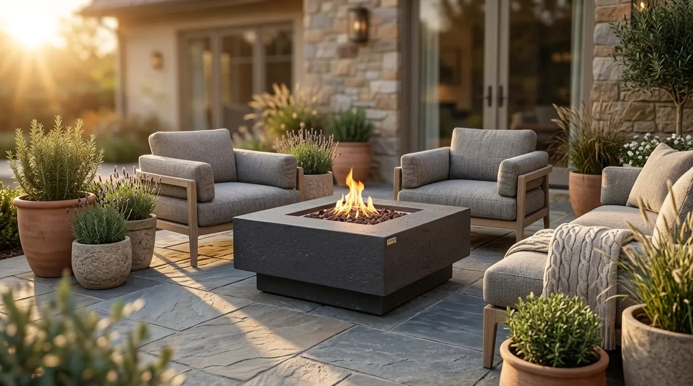 Concrete gas fire table on a natural stone paver patio surrounded by outdoor seating