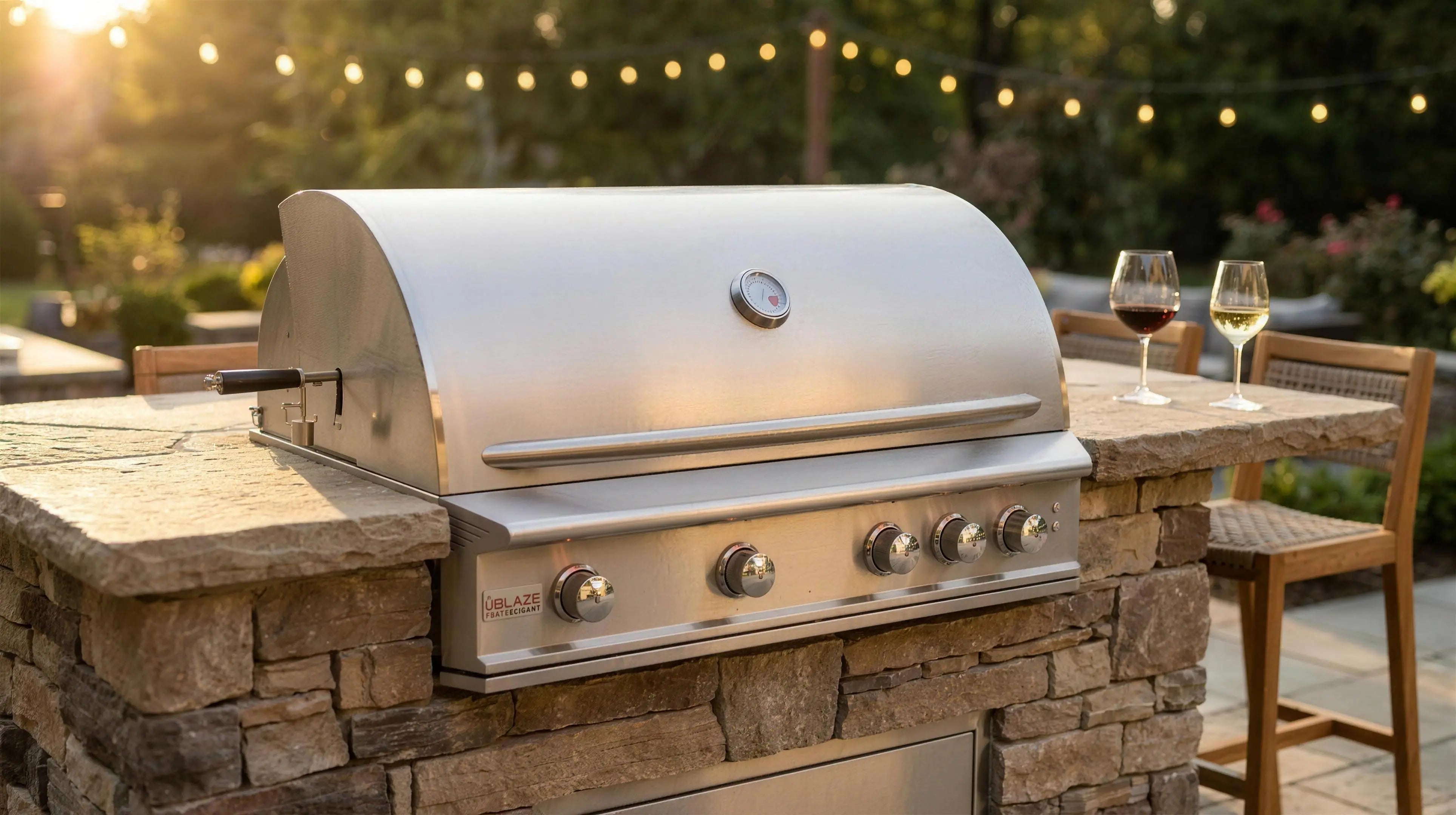 Luxury built-in gas grill in a stone outdoor kitchen island at golden hour
