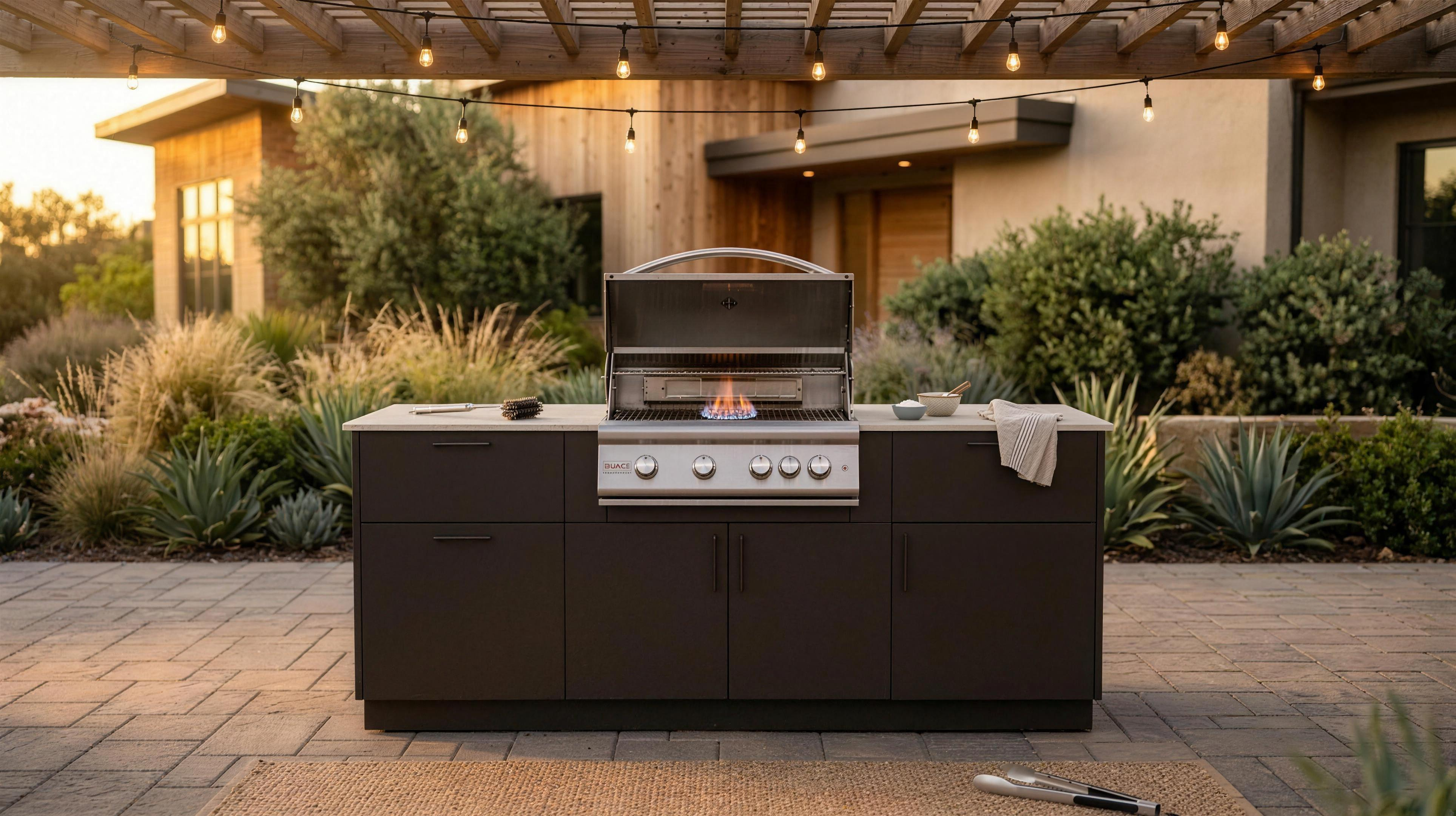 Blaze Sunrise 8-Ft modular outdoor kitchen island on a paver patio at dusk with string lights