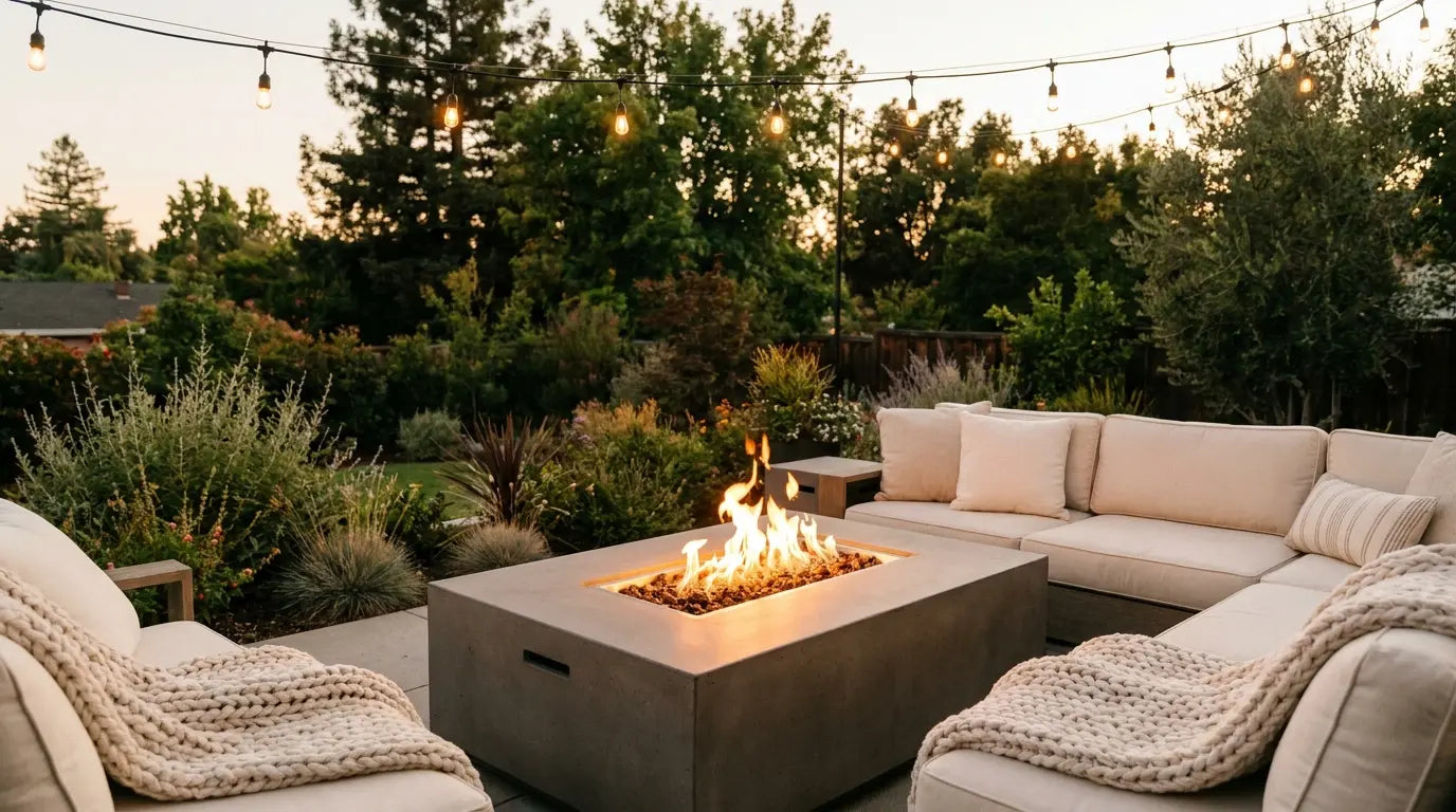 Premium rectangular gas fire pit table with flames on a modern backyard patio at dusk