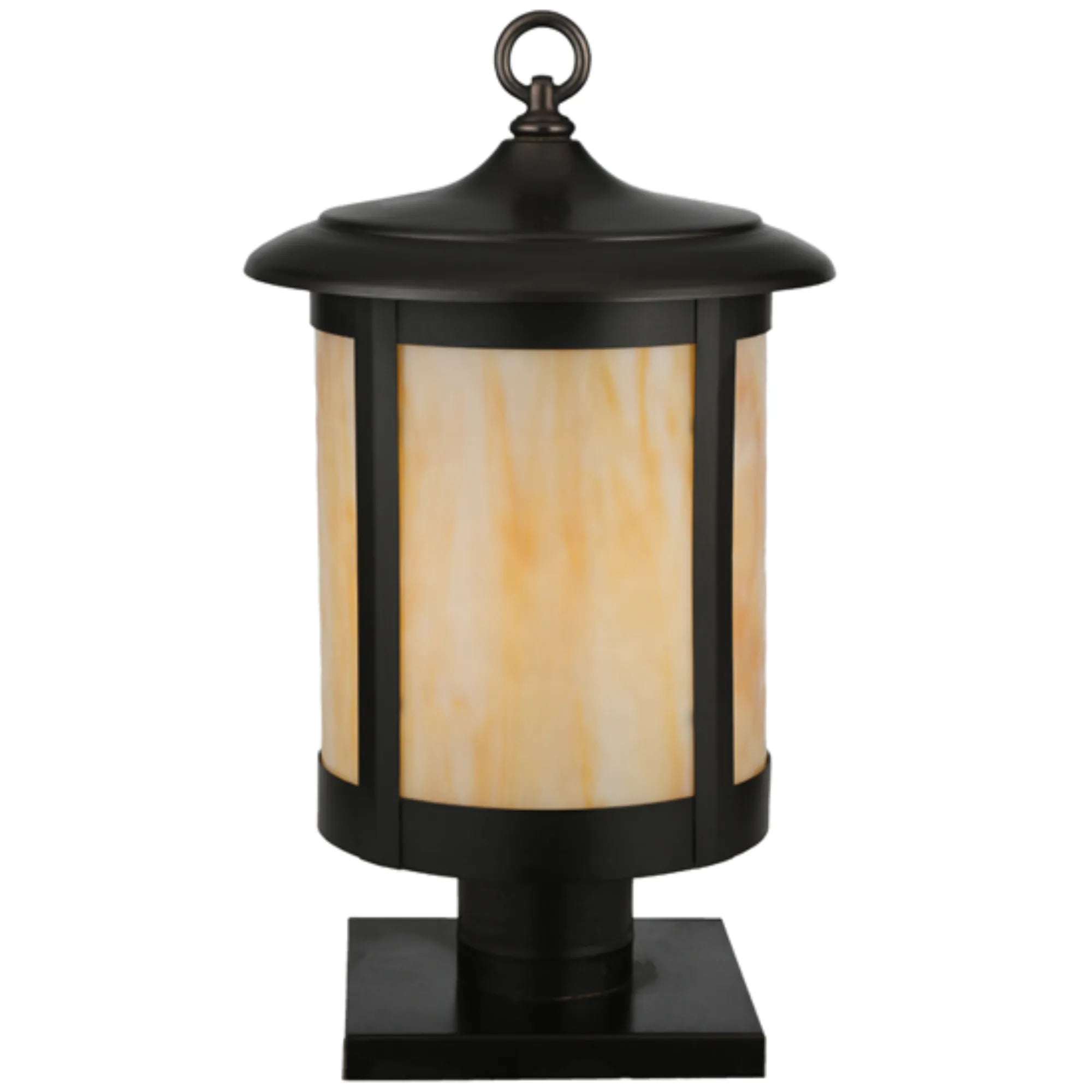 10" Wide Fulton Prime Post Mount – Craftsman Brown – Beige Art Glass – Damp-Rated – Meyda Lighting