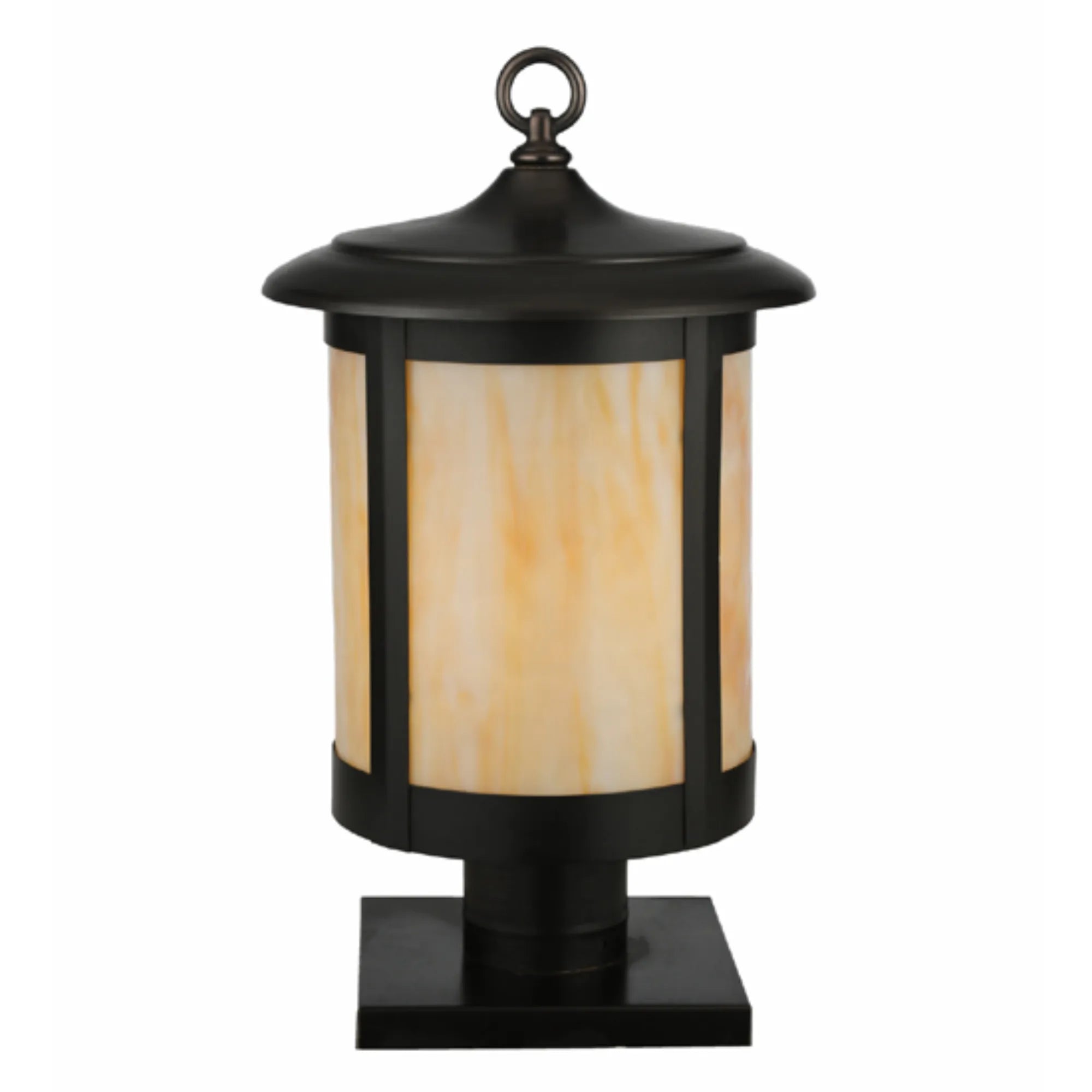10" Wide Fulton Prime Post Mount – Craftsman Brown – Beige Art Glass – Damp-Rated – Meyda Lighting