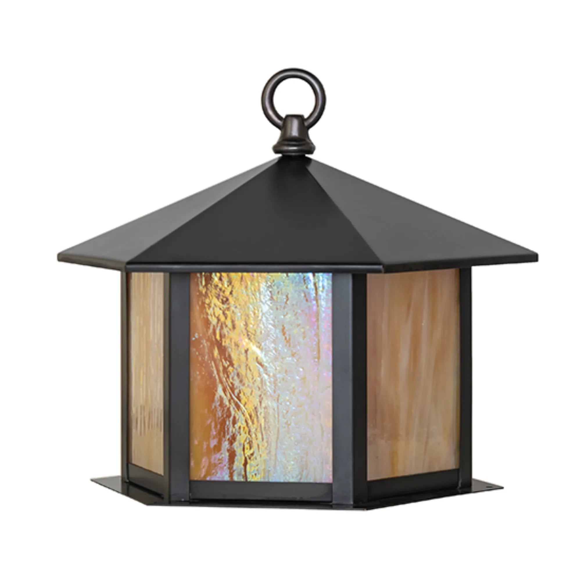 12" Wide Gazebo Post Mount – Craftsman Brown – Beige Iridescent Glass – Wet-Rated – Meyda Lighting