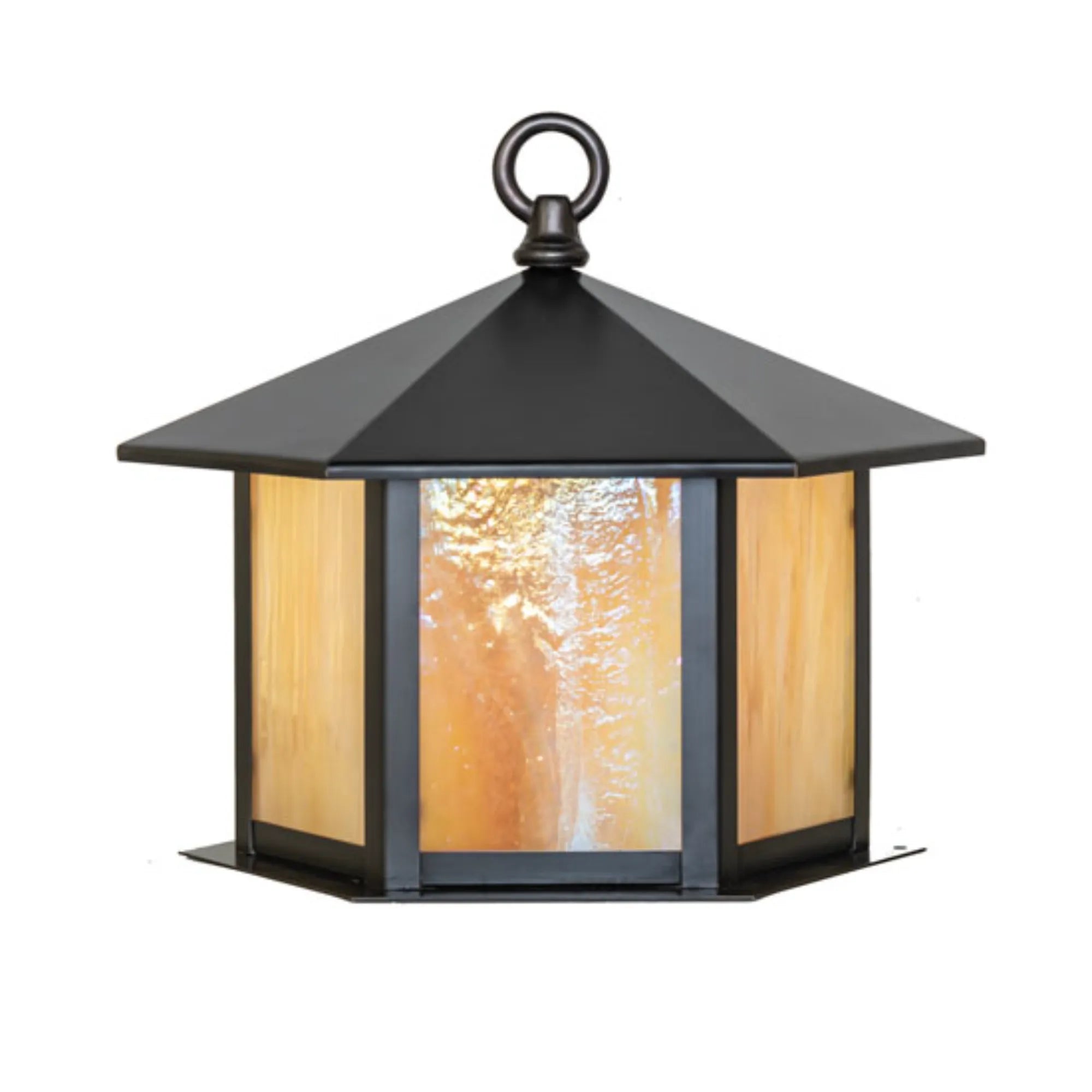 12" Wide Gazebo Post Mount – Craftsman Brown – Beige Iridescent Glass – Wet-Rated – Meyda Lighting