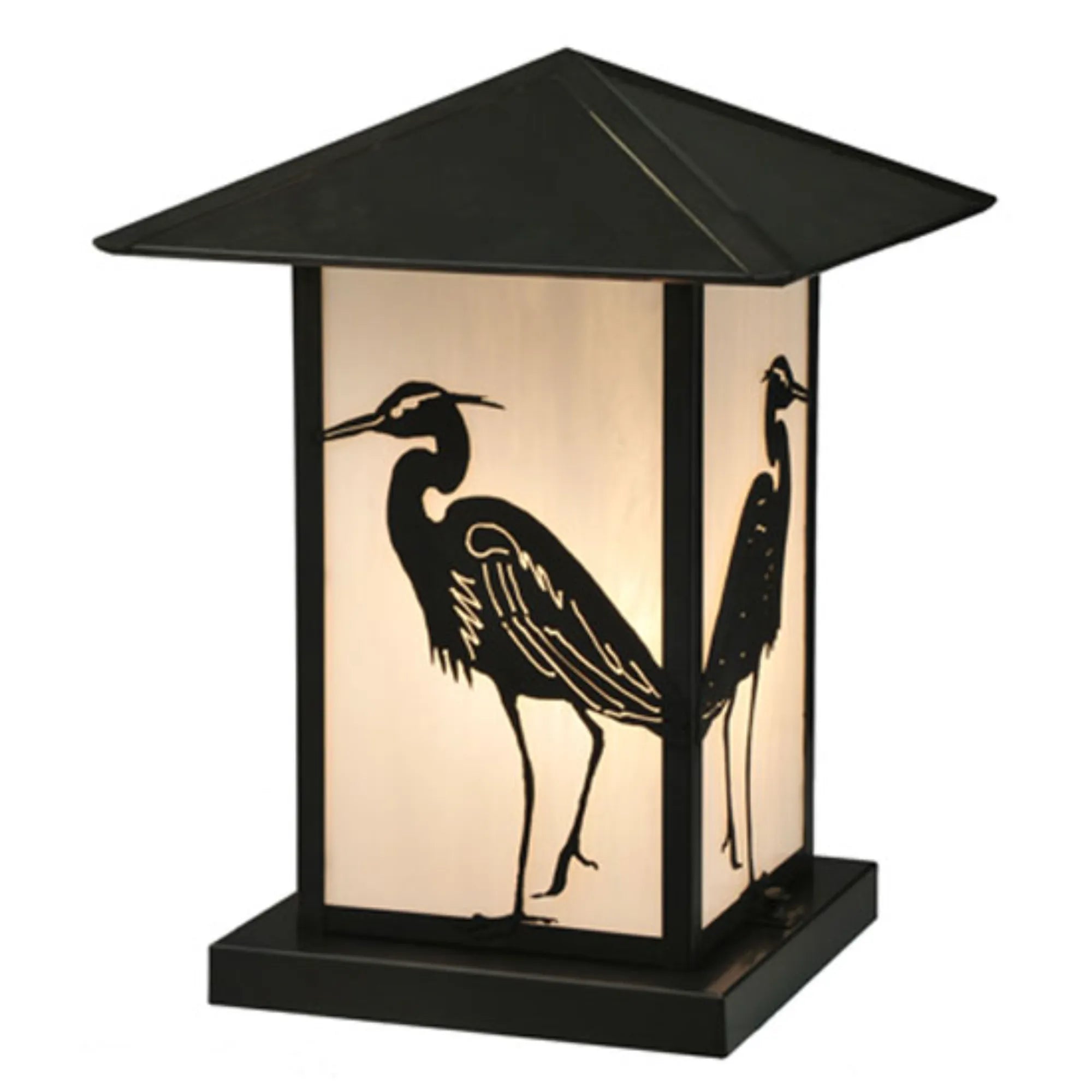 12" Square Seneca Heron Pier Mount – Craftsman Brown – White Art Glass – Wet-Rated – Meyda Lighting