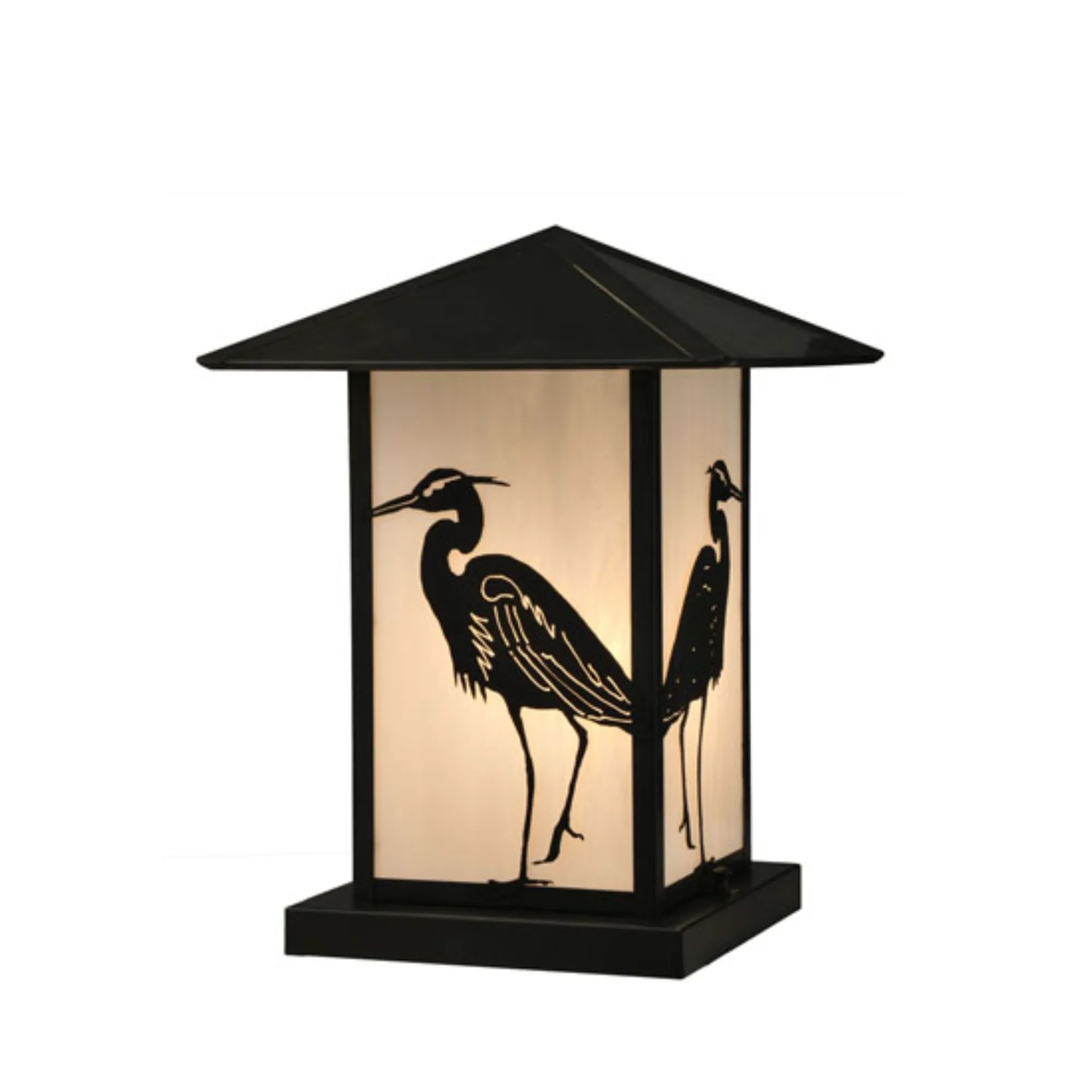 12" Square Seneca Heron Pier Mount – Craftsman Brown – White Art Glass – Wet-Rated – Meyda Lighting