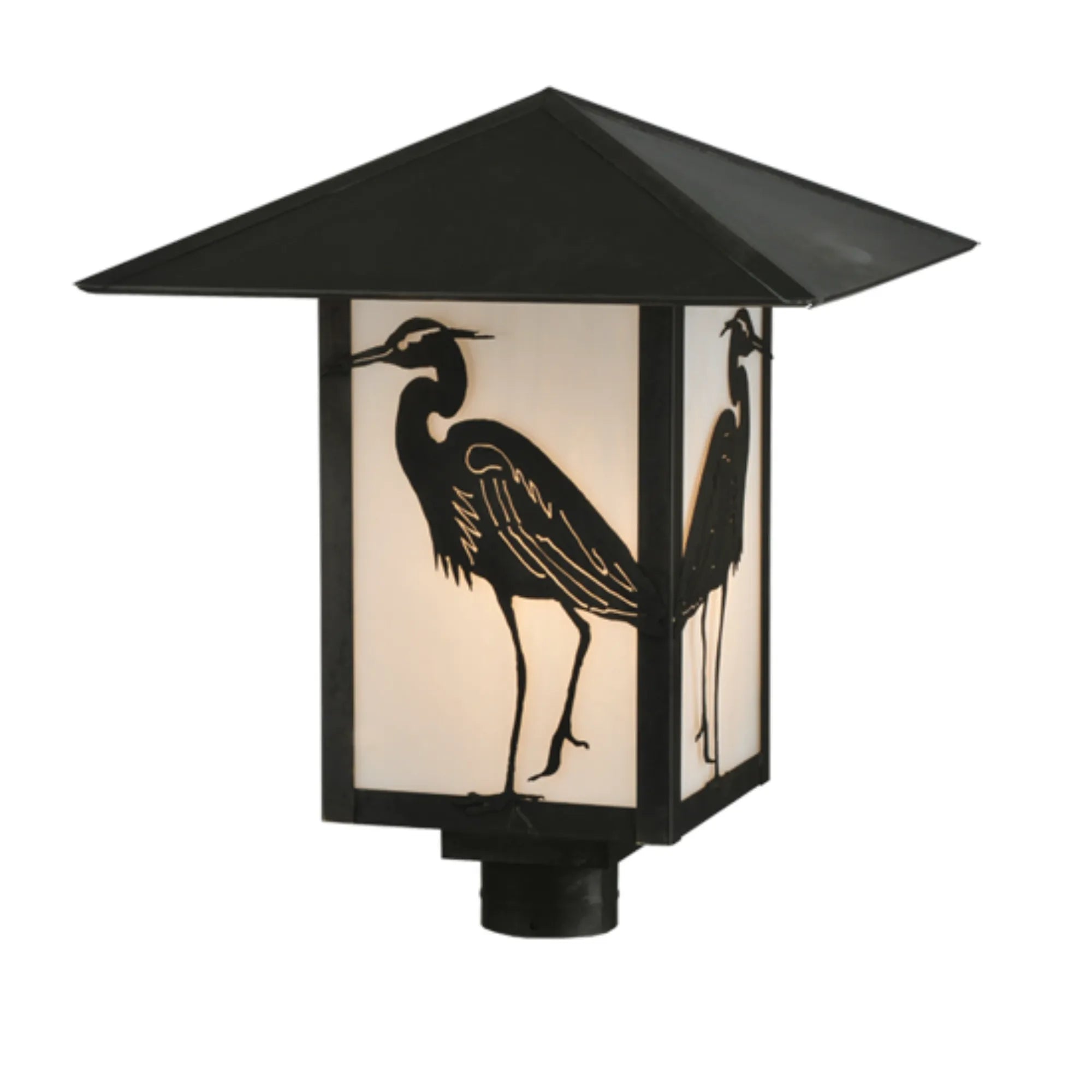 16" Square Seneca Heron Post Mount – Craftsman Brown – White Art Glass – Damp-Rated – Meyda Lighting