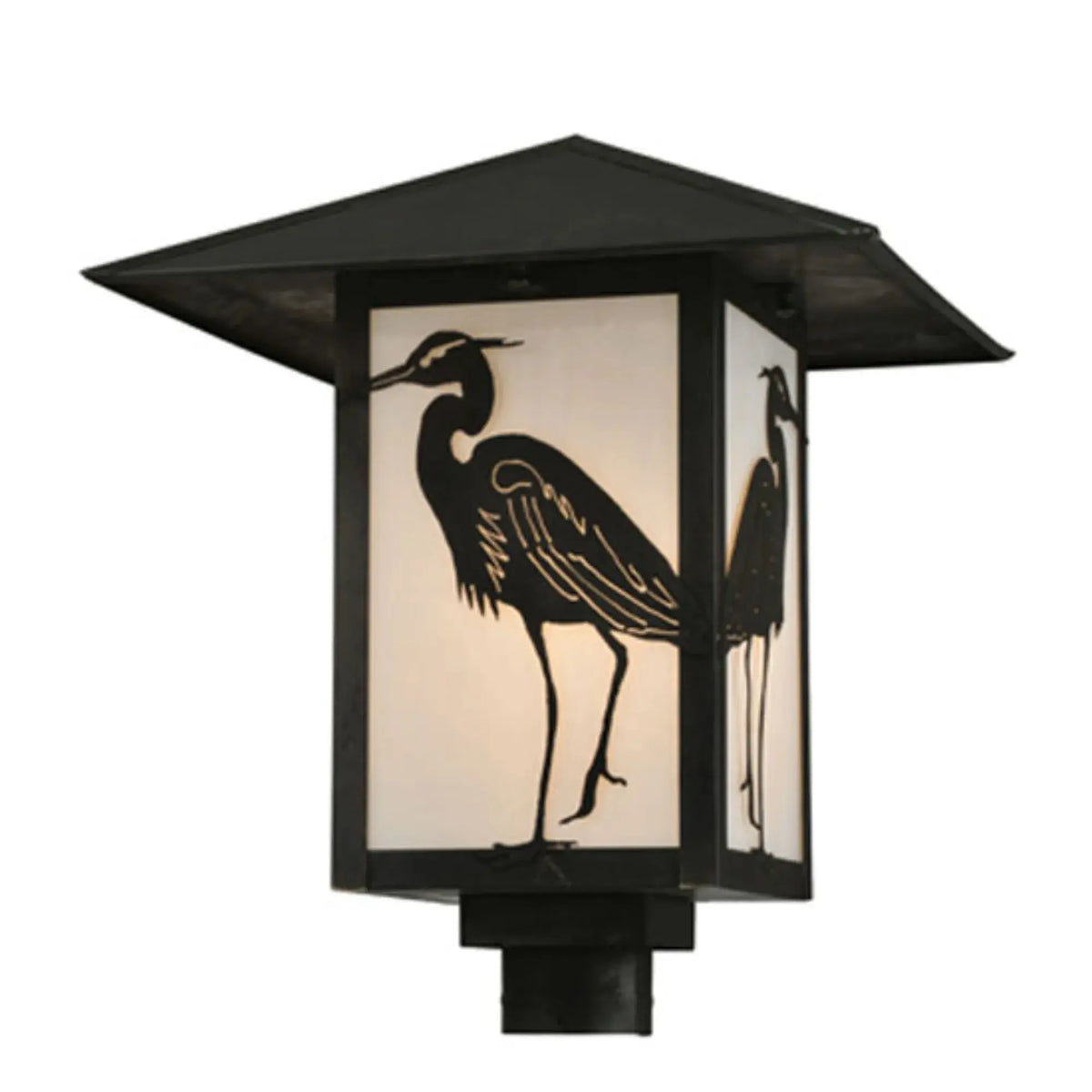 16" Square Seneca Heron Post Mount – Craftsman Brown – White Art Glass – Damp-Rated – Meyda Lighting Meyda Lighting