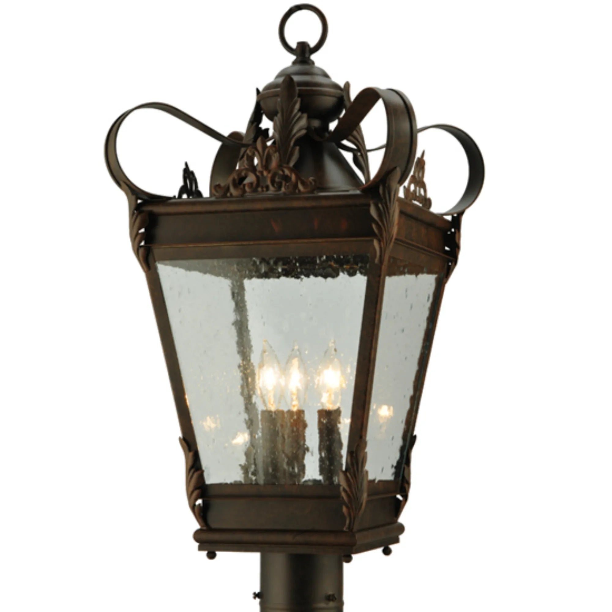 12.5"Sq Verona Post Mount – Gilded Tobacco – Clear Seeded Glass – Damp-Rated – Meyda Lighting