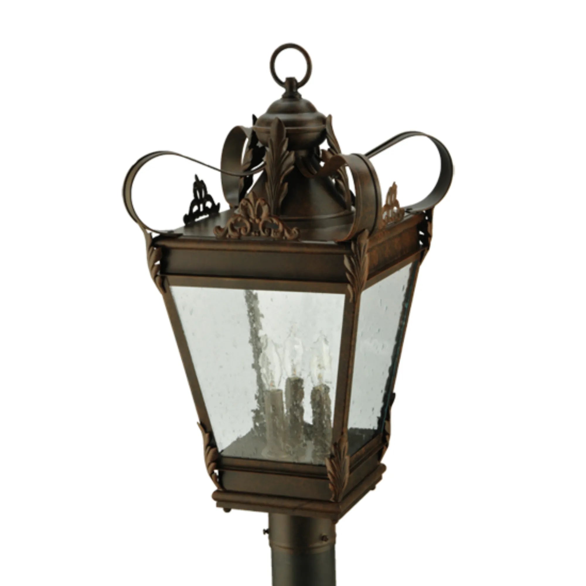 12.5"Sq Verona Post Mount – Gilded Tobacco – Clear Seeded Glass – Damp-Rated – Meyda Lighting