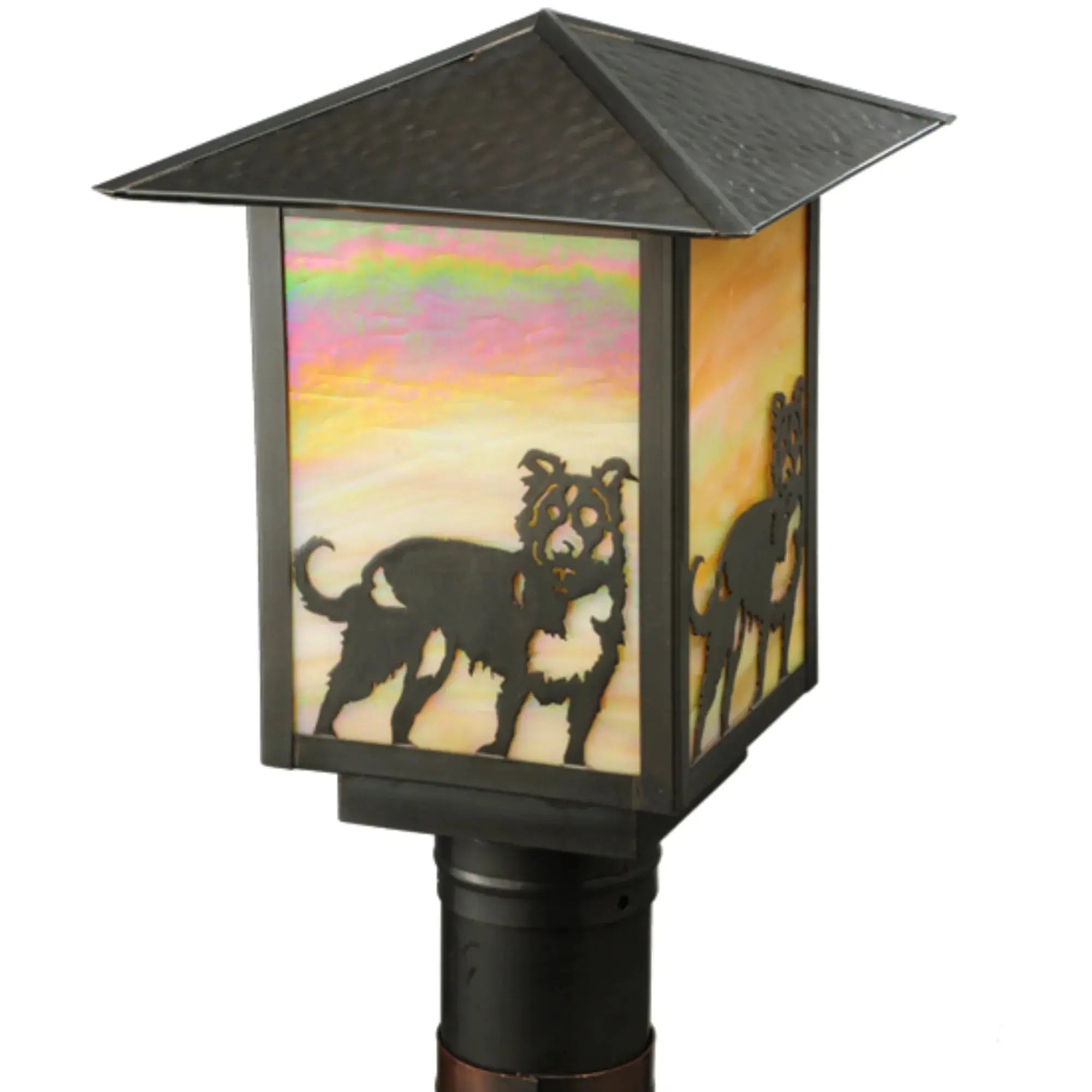 9"Sq Seneca Dog Post Mount – Craftsan Brown – Beige Iridescent Glass – Wet-Rated – Meyda Lighting Meyda Lighting