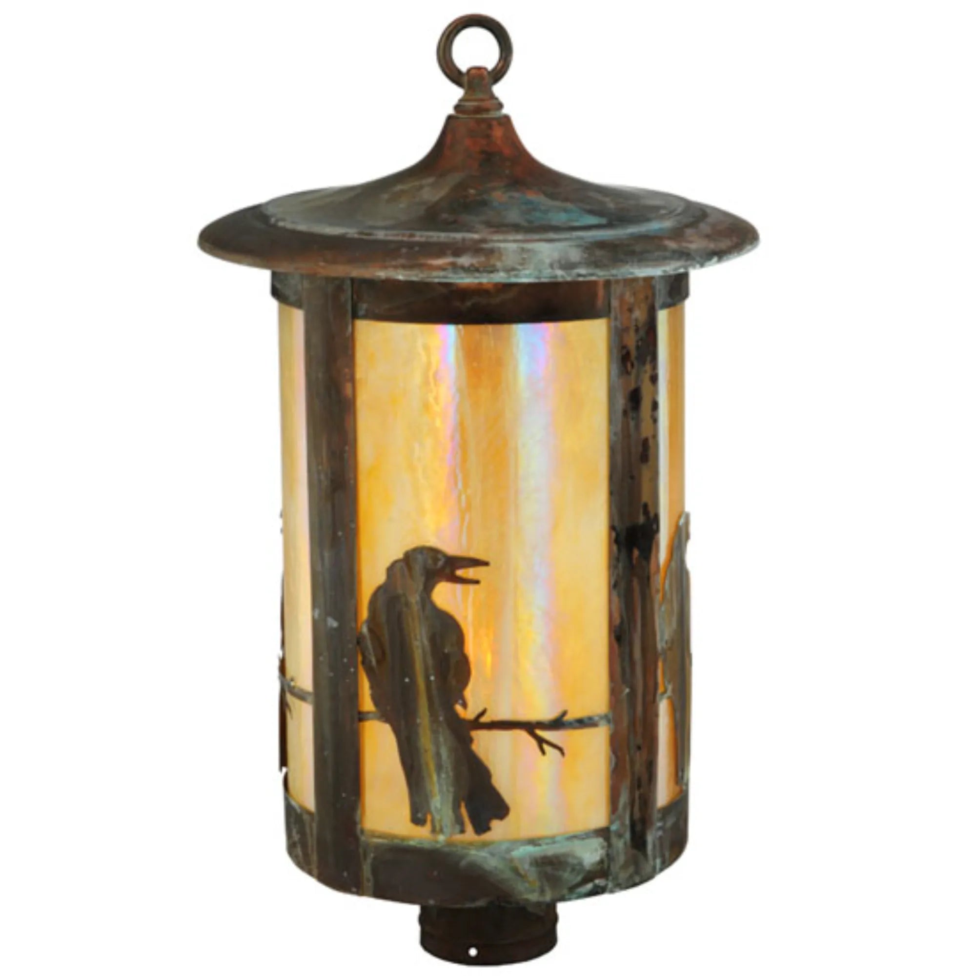 12"W Fulton Crow Post Mount – Vintage Copper – Beige Iridescent Glass – Wet-Rated – Meyda Lighting