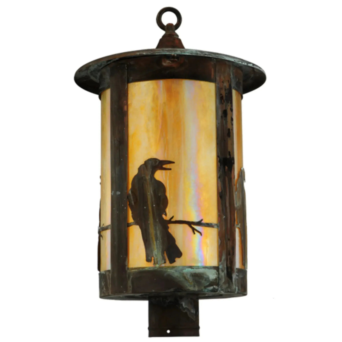 12"W Fulton Crow Post Mount – Vintage Copper – Beige Iridescent Glass – Wet-Rated – Meyda Lighting Meyda Lighting