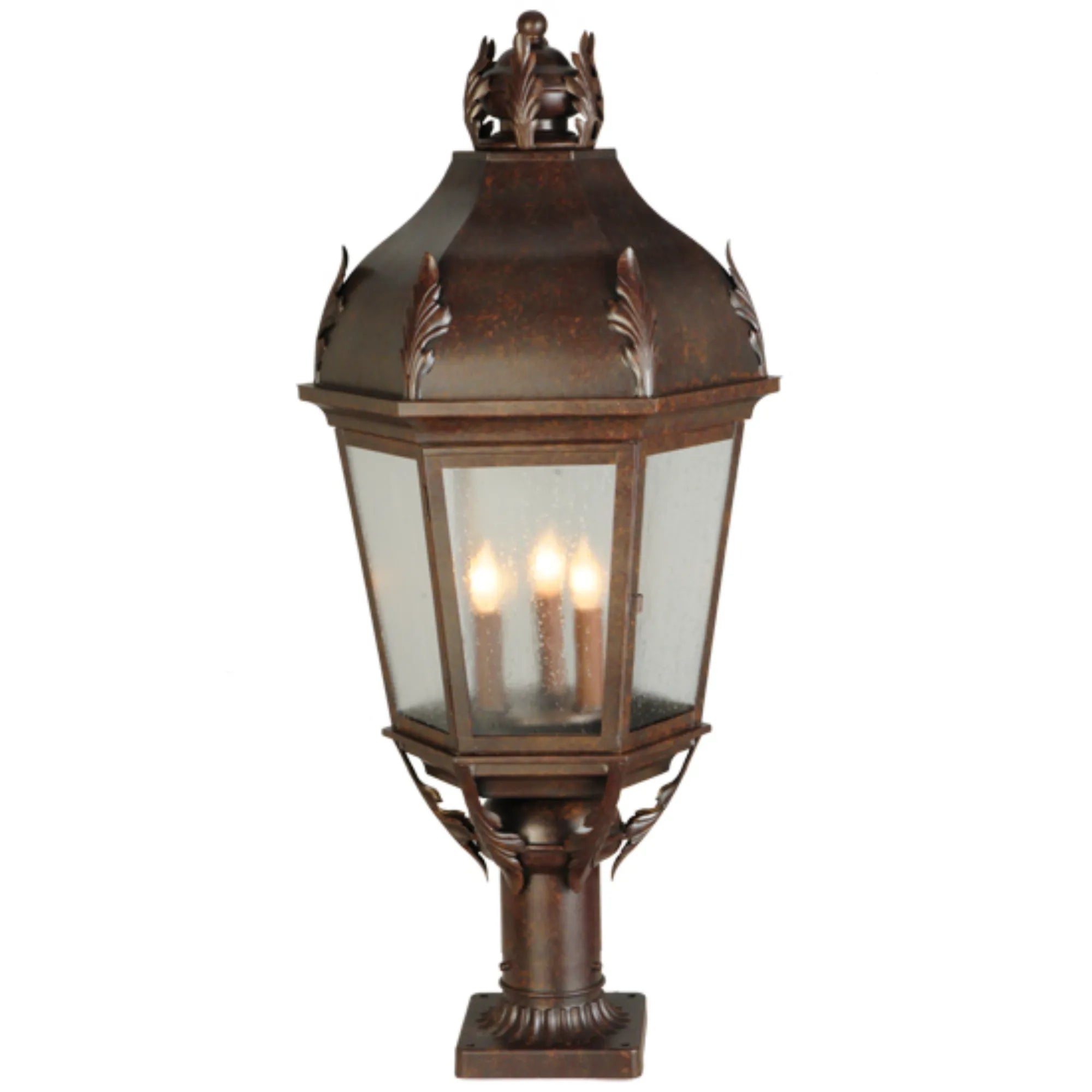 15"W Royan Lantern Pier Mount – Rusty Nail – Clear Seeded Glass – Wet-Rated – Meyda Lighting