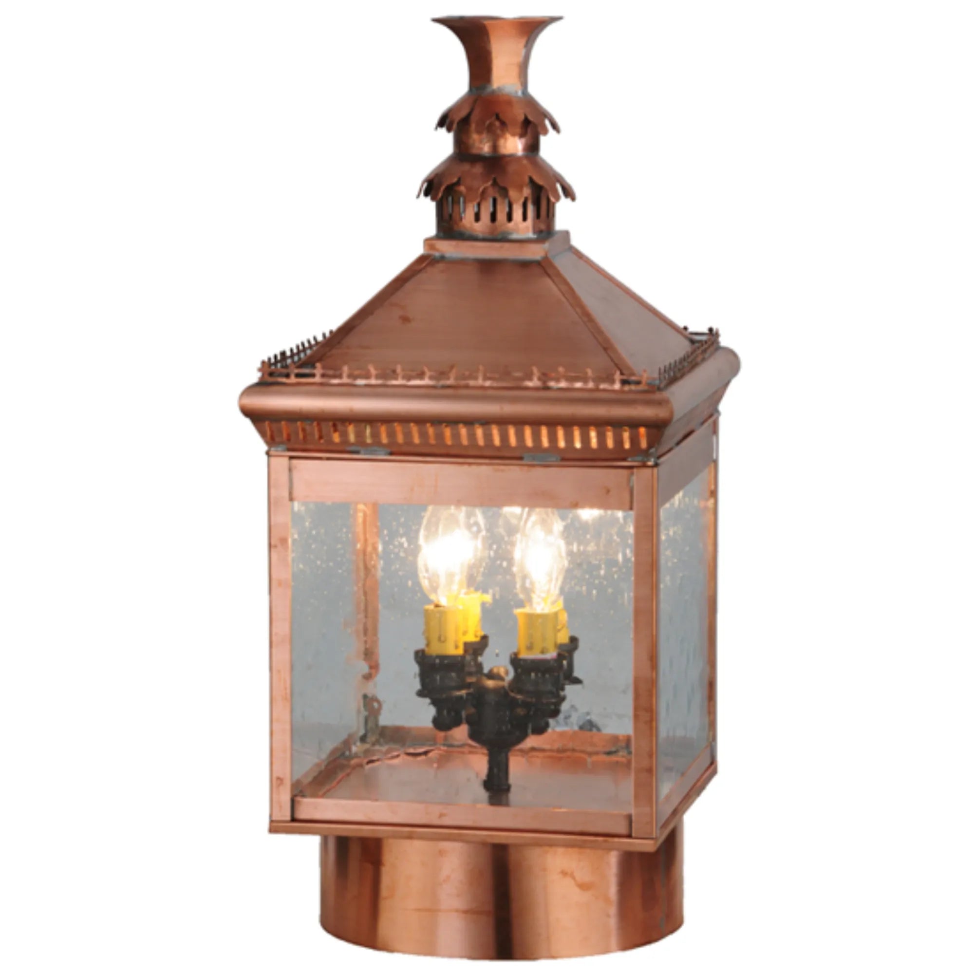 10"Sq Locke Post Mount – Raw Copper – Clear Seeded Glass – Wet-Rated – Meyda Lighting