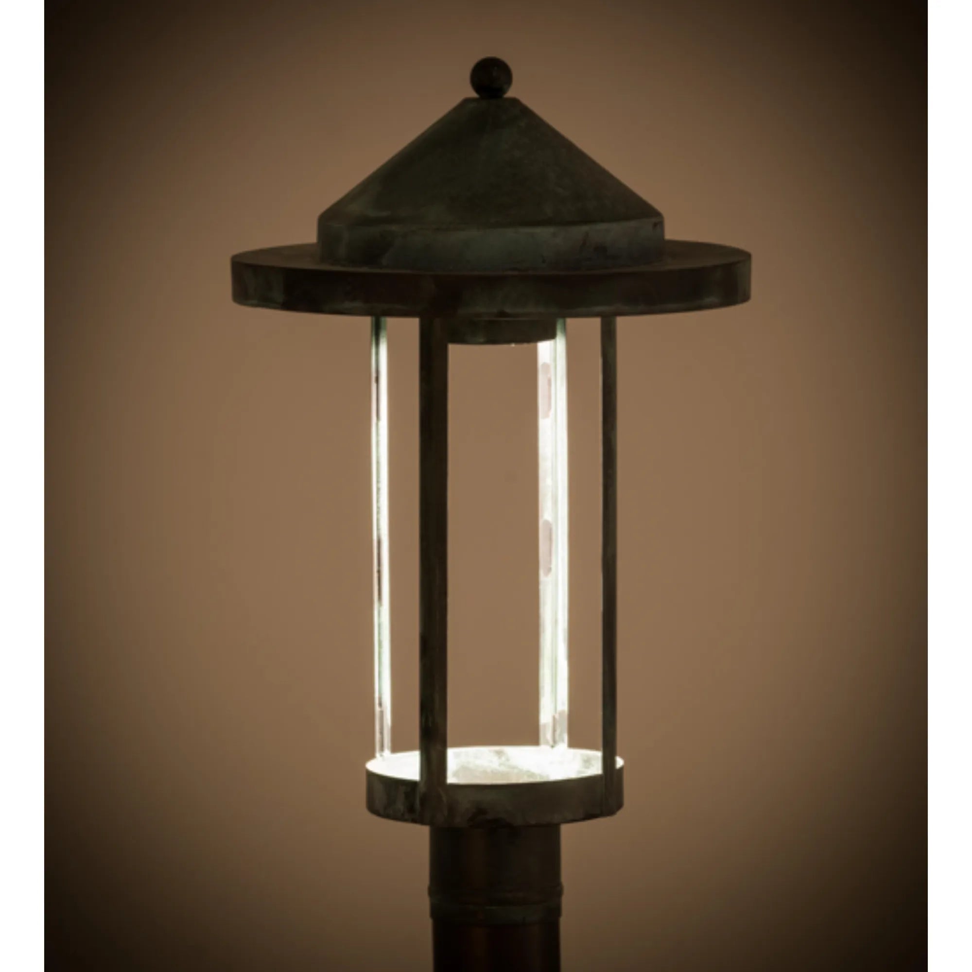 12" Wide Fulton Prime Post Mount – Craftsman Verdigris on Brass – Damp-Rated – Meyda Lighting