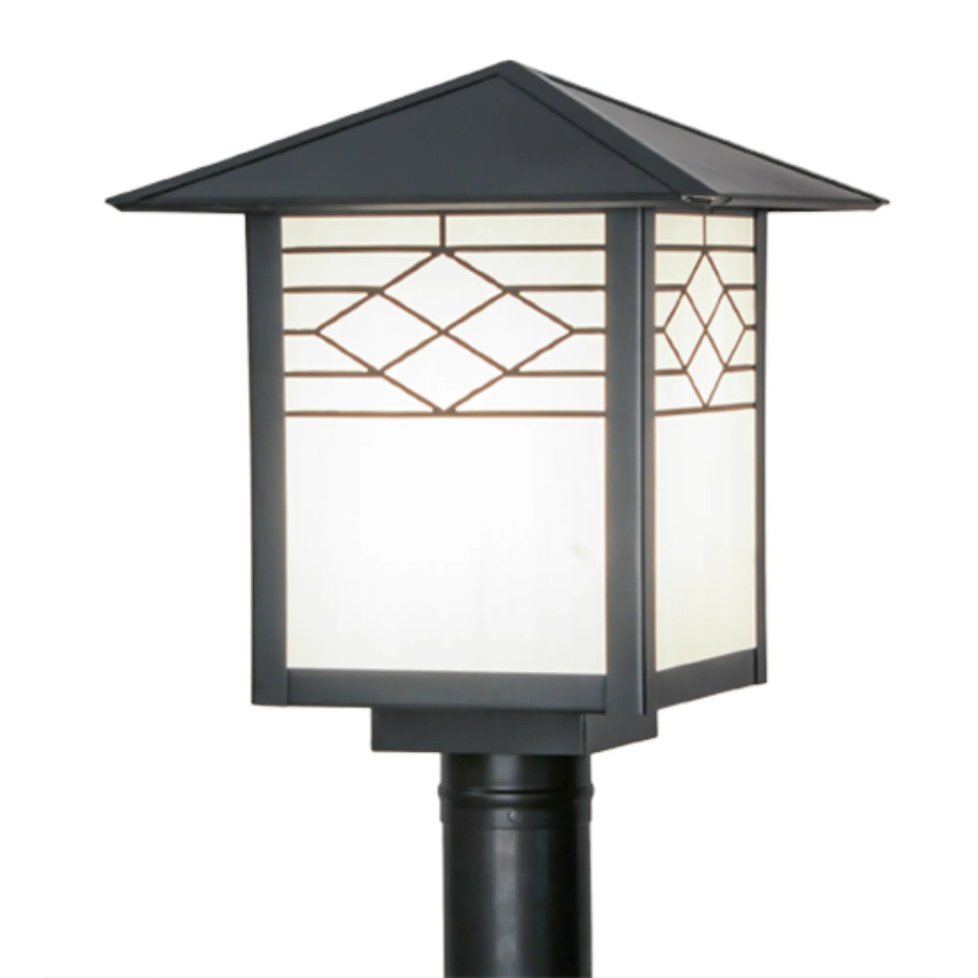 12"Square Seneca Ponte Post Mount – Craftsman Brown – White Art Glass – Wet-Rated – Meyda Lighting