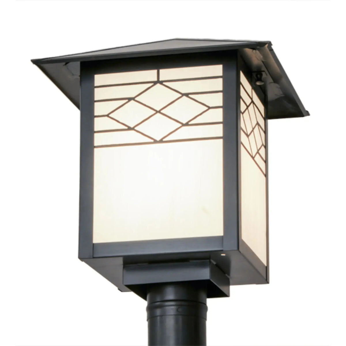 12"Square Seneca Ponte Post Mount – Craftsman Brown – White Art Glass – Wet-Rated – Meyda Lighting Meyda Lighting