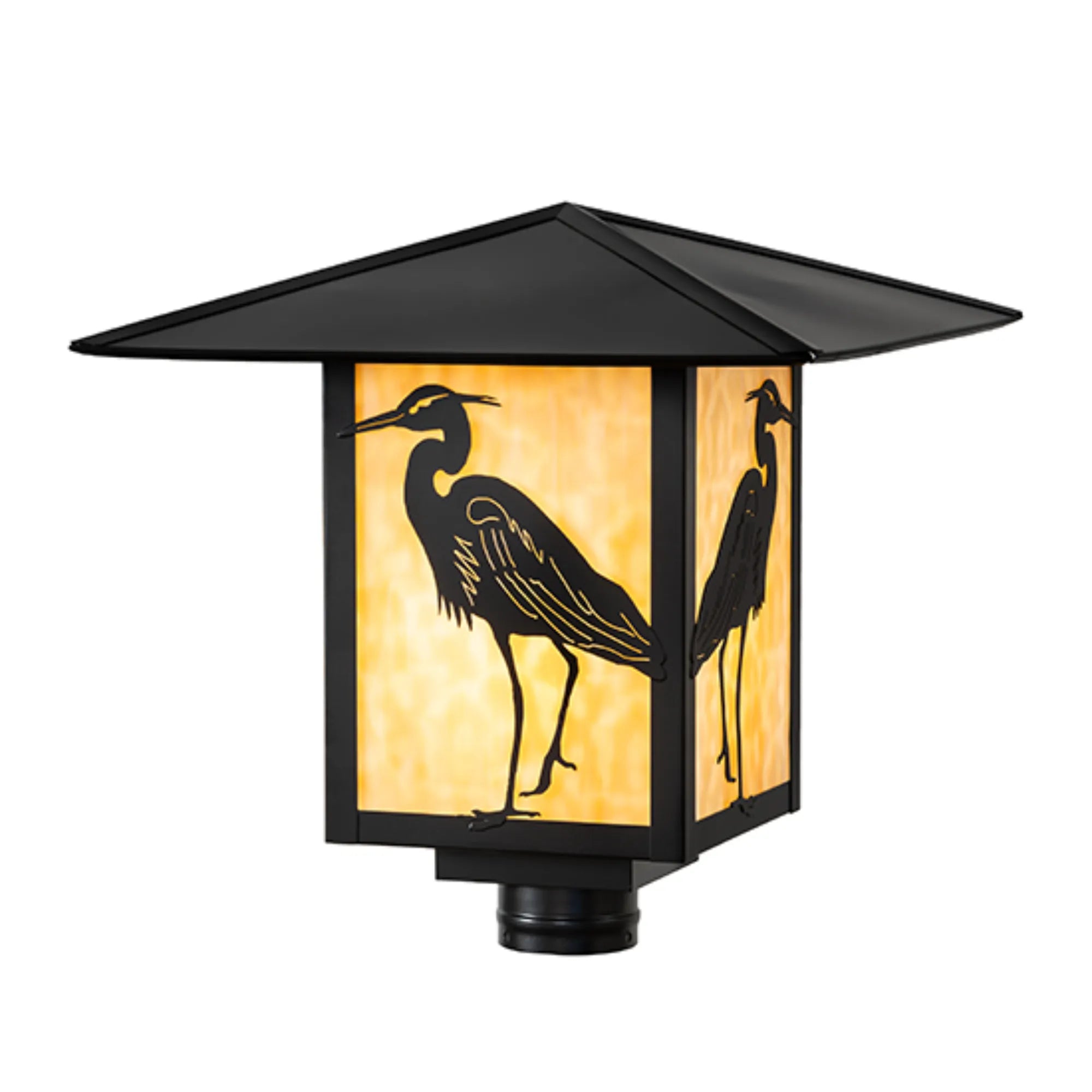 16" Square Seneca Heron Post Mount – Solar Black – Beige Art Glass – Wet-Rated – Meyda Lighting