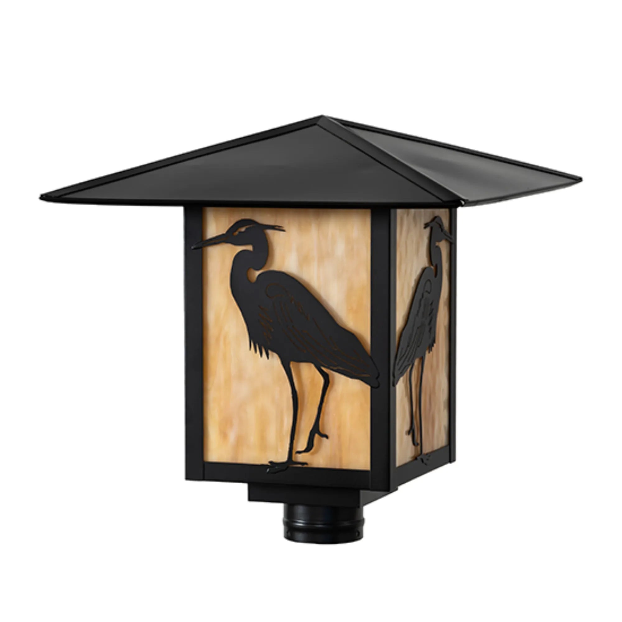 16" Square Seneca Heron Post Mount – Solar Black – Beige Art Glass – Wet-Rated – Meyda Lighting