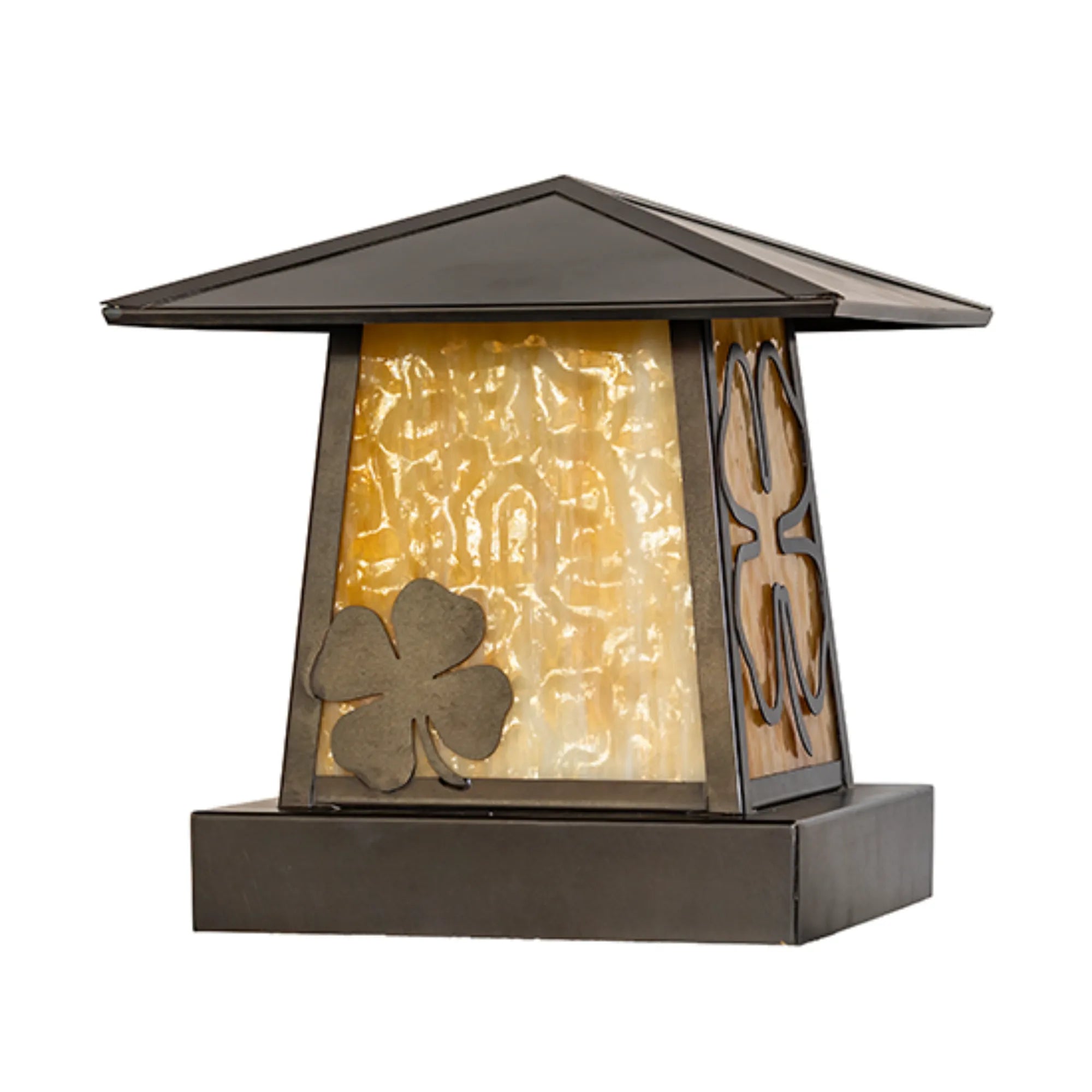 12" Square Shamrock Pier Mount – Craftsman Brown – Beige Art Glass – Wet-Rated – Meyda Lighting