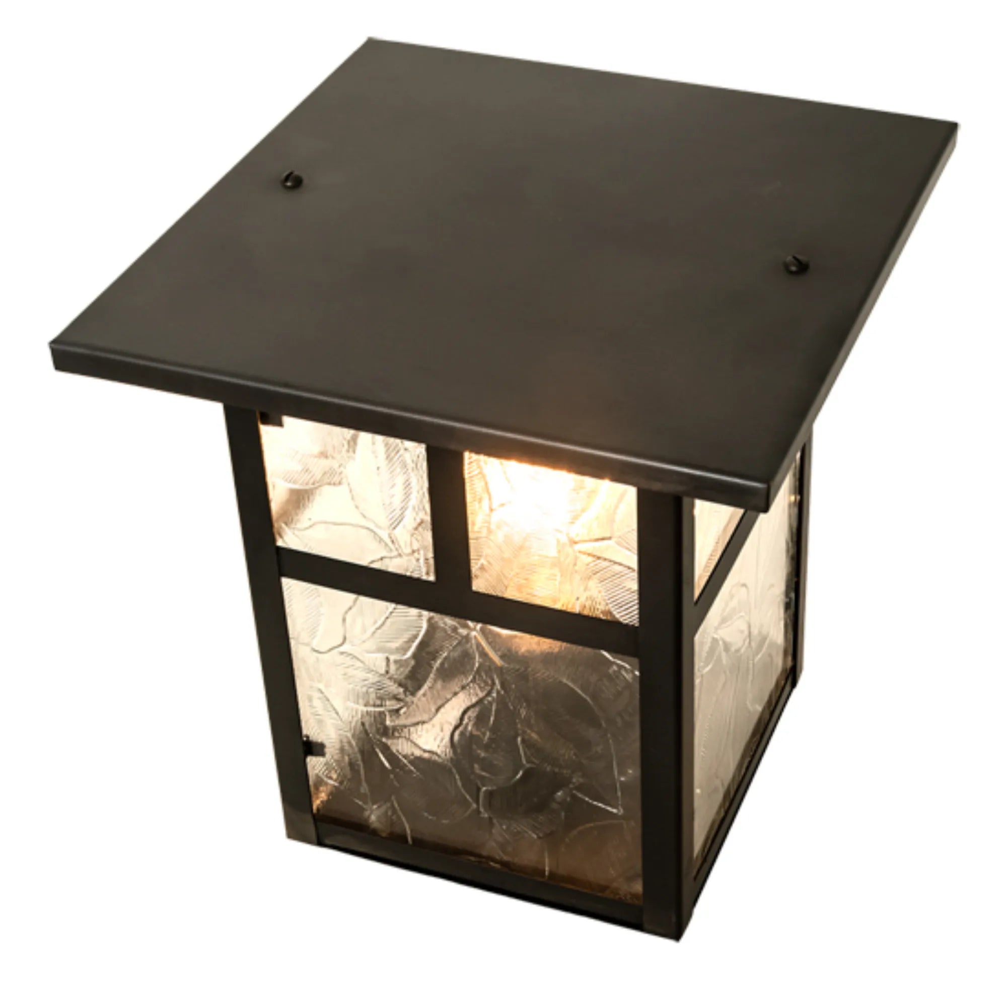9" Square "T" Mission Deck Light – Craftsman Brown – Clear Leaf Glass – Wet-Rated – Meyda Lighting