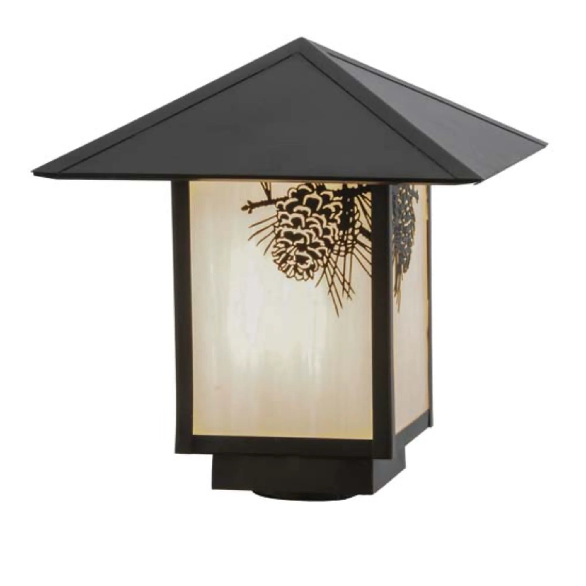 12"Sq Seneca Winter Pine Post Mount – Craftsman Brown – White Art Glass – Wet-Rated – Meyda Lighting