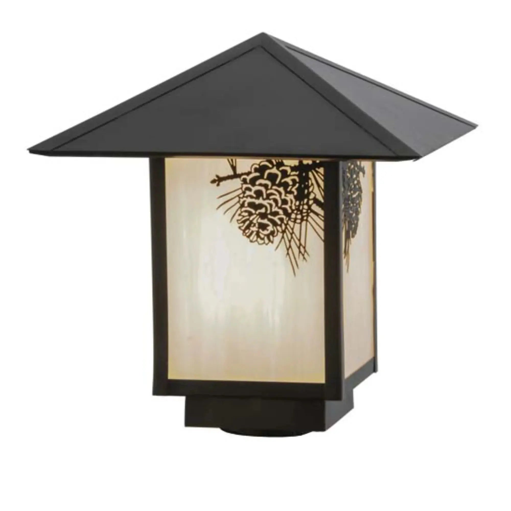 12"Sq Seneca Winter Pine Post Mount – Craftsman Brown – White Art Glass – Wet-Rated – Meyda Lighting Meyda Lighting