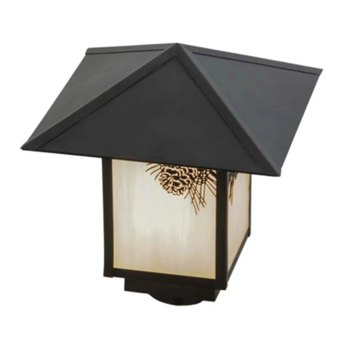 12"Sq Seneca Winter Pine Post Mount – Craftsman Brown – White Art Glass – Wet-Rated – Meyda Lighting Meyda Lighting