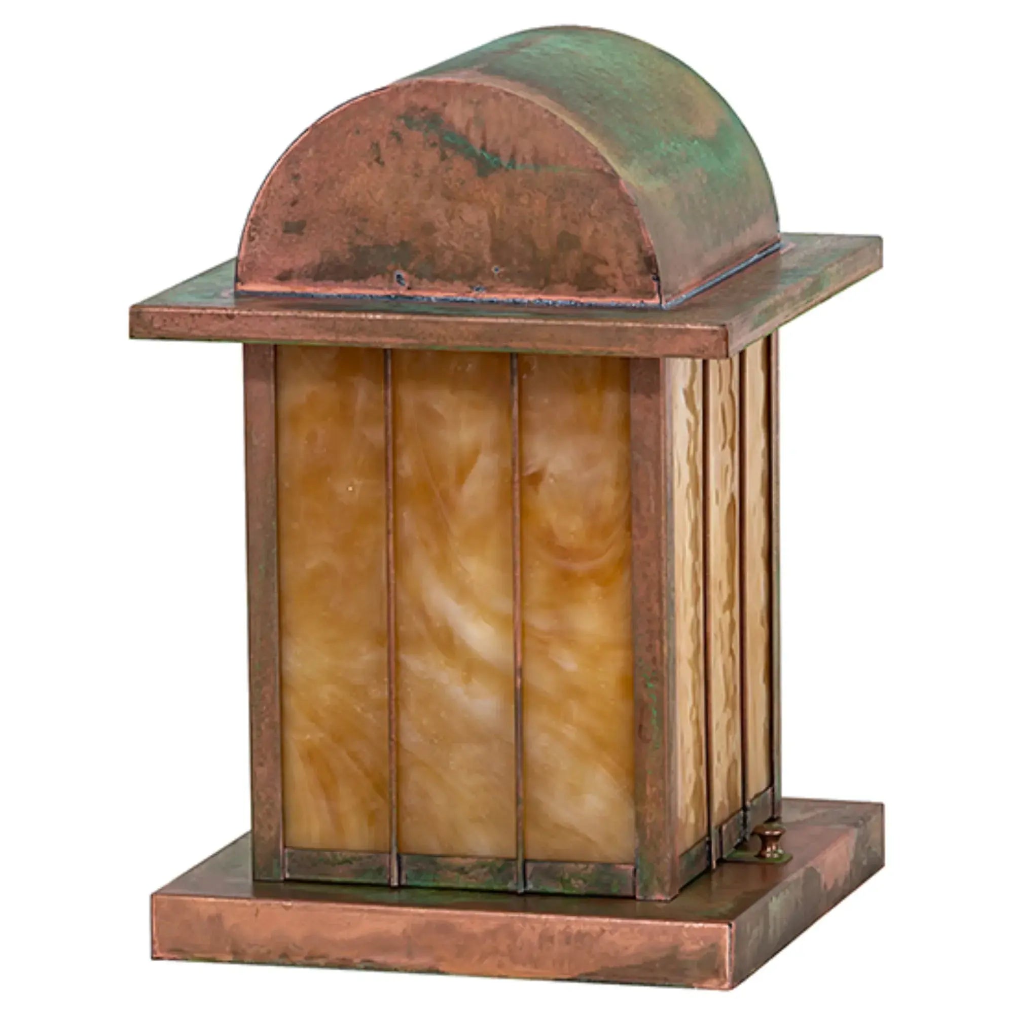9" Square Clinton Arch Lantern Pier Mount – Verdigris – Beige Art Glass – Wet-Rated – Meyda Lighting Meyda Lighting