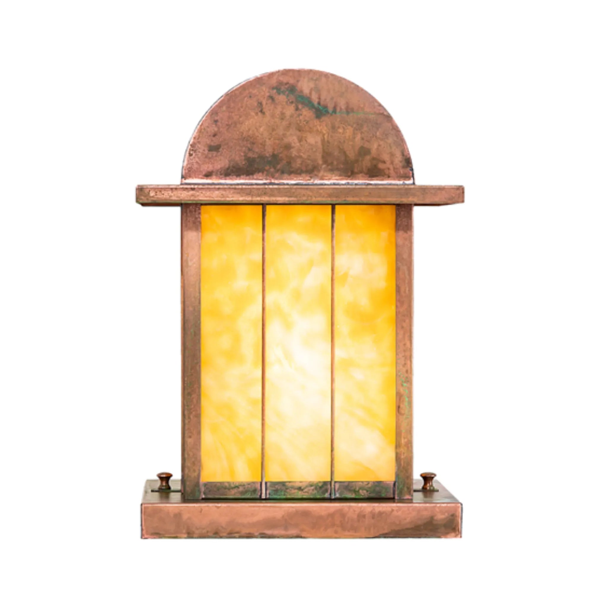 9" Square Clinton Arch Lantern Pier Mount – Verdigris – Beige Art Glass – Wet-Rated – Meyda Lighting