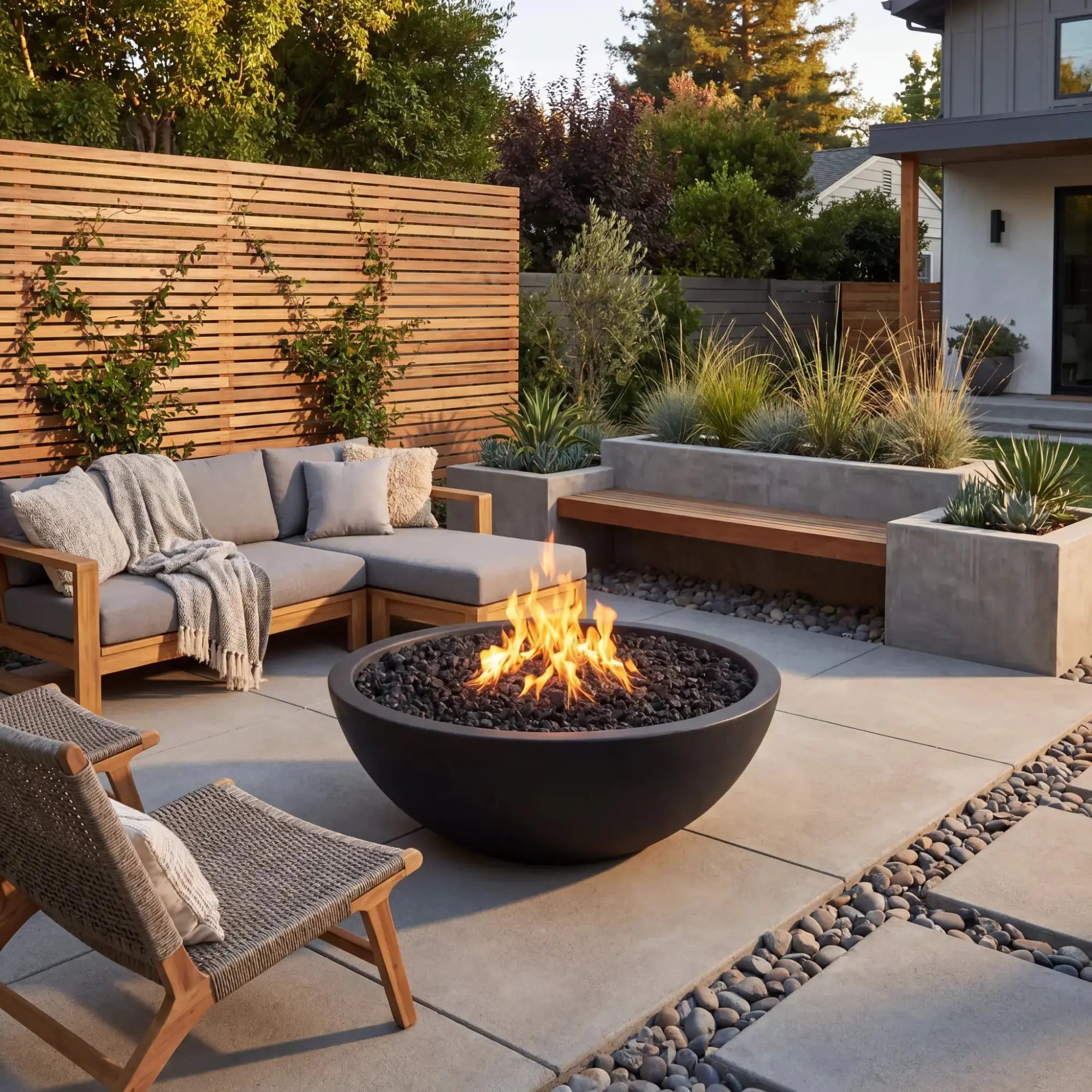 Outdoor patio with fire pit, seating area, and garden