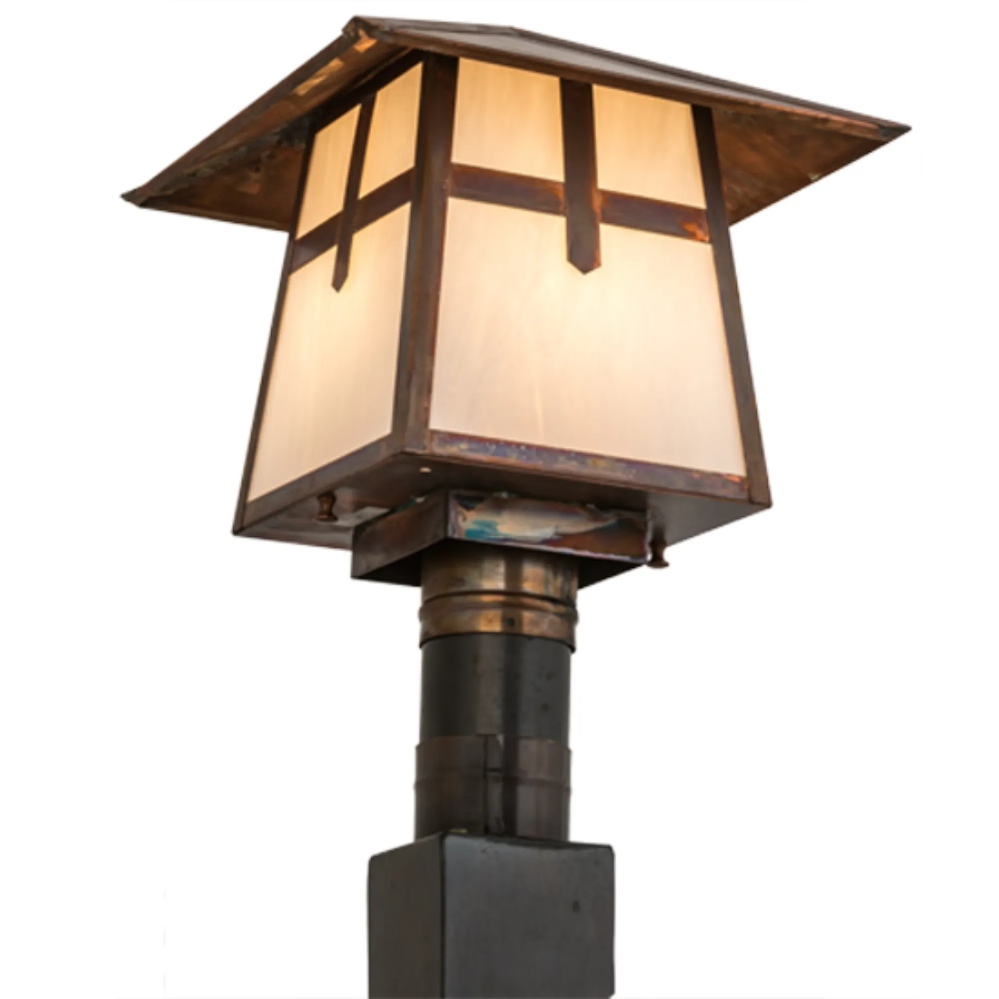 12"Sq Stillwater Cross Mission Post Mount – Vintage Copper – Wet-Rated – Meyda Lighting