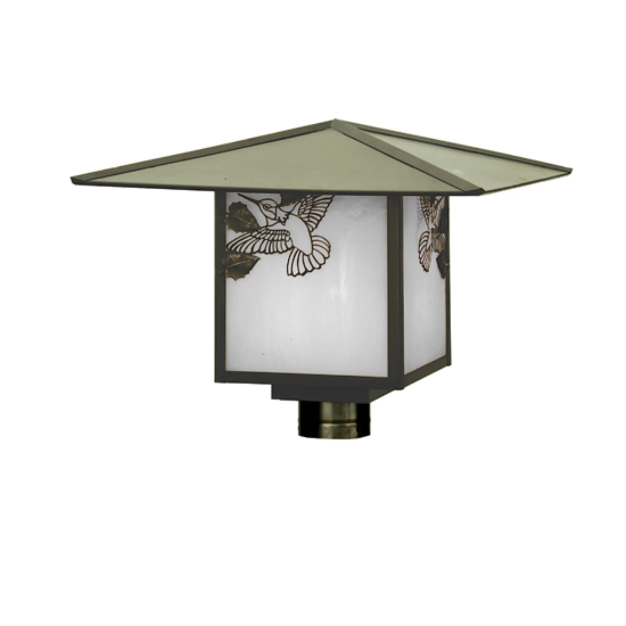 17"Sq Seneca Hummingbird Post Mount – Craftsman Brown – White Art Glass – Wet-Rated – Meyda Lighting