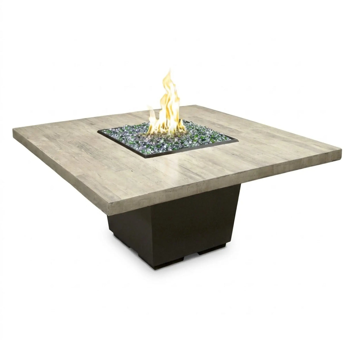 American Fyre Designs Cosmopolitan Square Dining 60" Reclaimed Wood and GFRC Gas Fire Pit Table American Fyre Designs