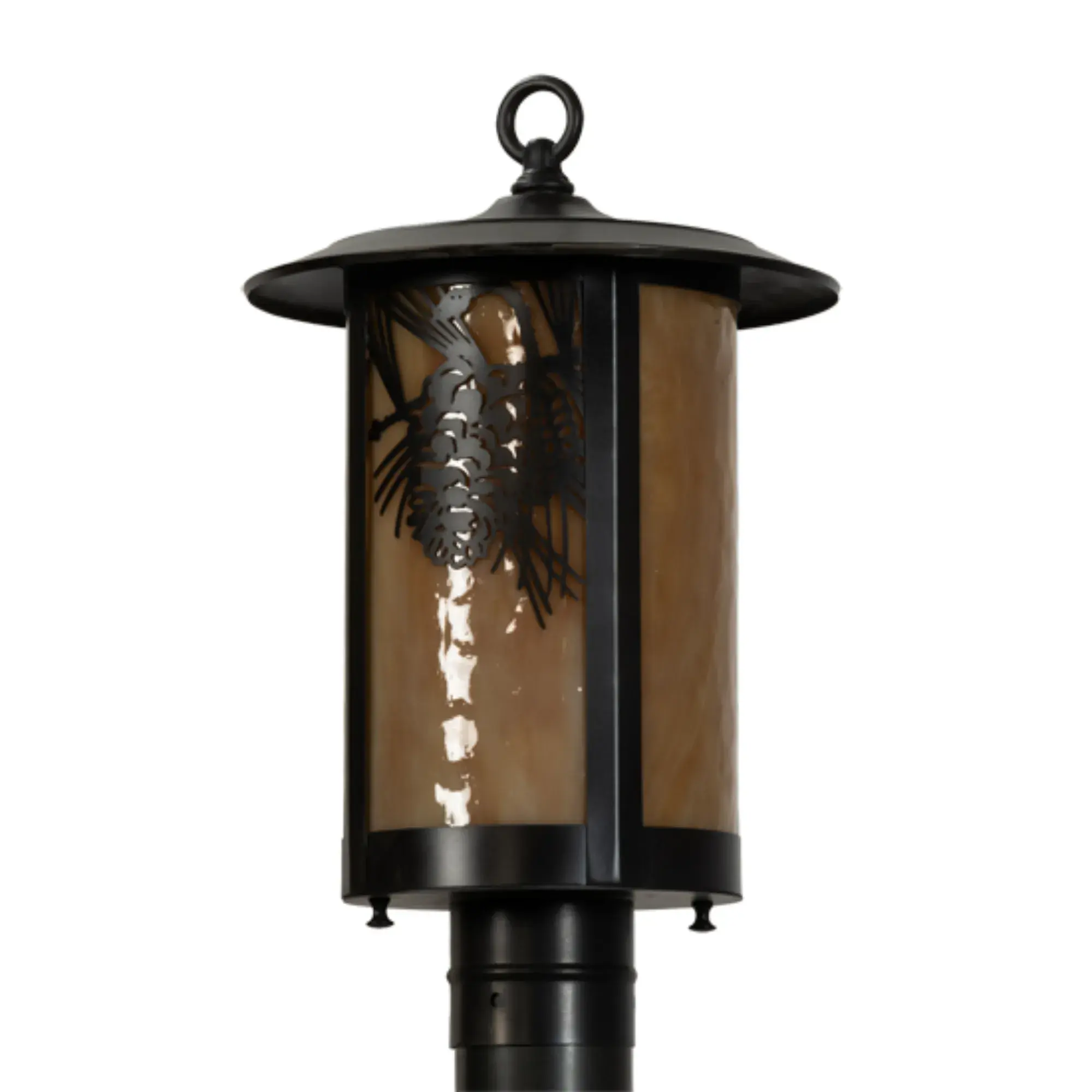 10" Wide Winter Pine Post Mount – Craftsman Brown – Beige Art Glass – Wet-Rated – Meyda Lighting Meyda Lighting