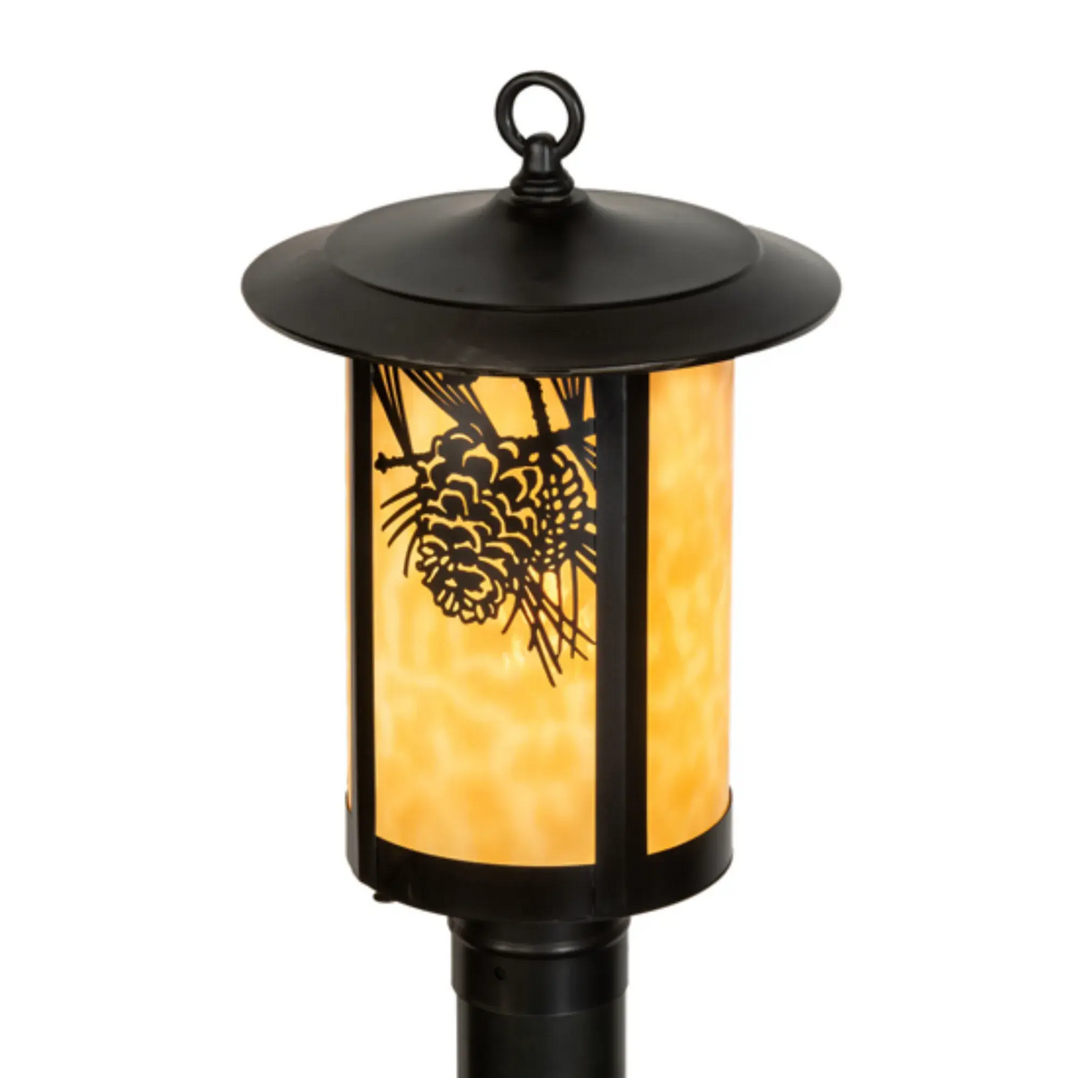 10" Wide Winter Pine Post Mount – Craftsman Brown – Beige Art Glass – Wet-Rated – Meyda Lighting Meyda Lighting